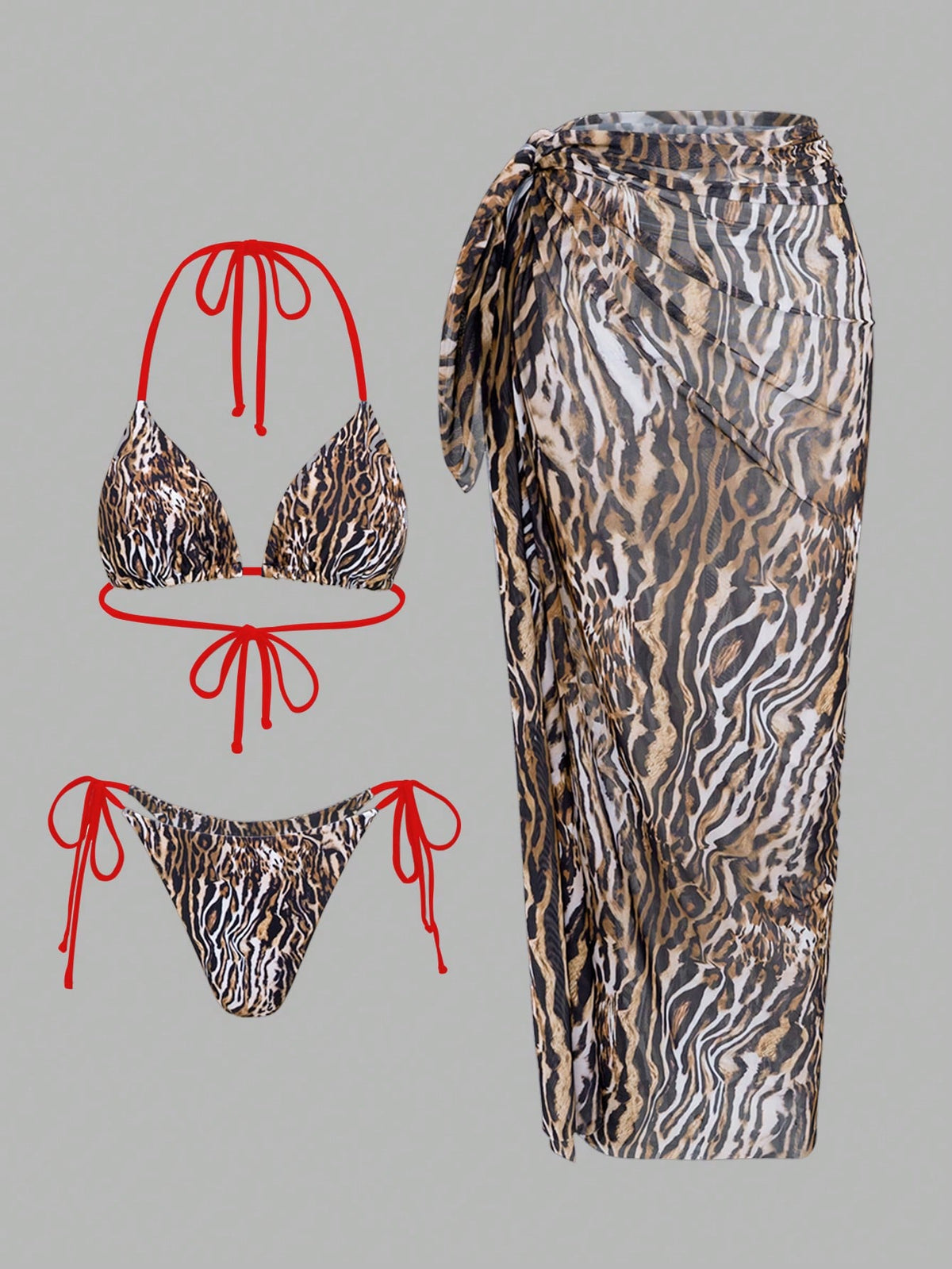 Swim SXY 3pcs Leopard & Solid Color Mixed Print Triangle Halter Sexy Elegant Bikini Set And Long Mesh Beach - image 14