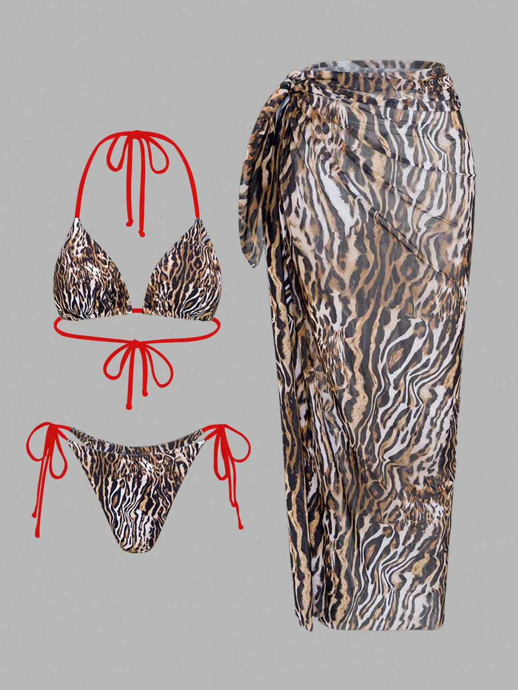 Swim SXY 3pcs Leopard & Solid Color Mixed Print Triangle Halter Sexy