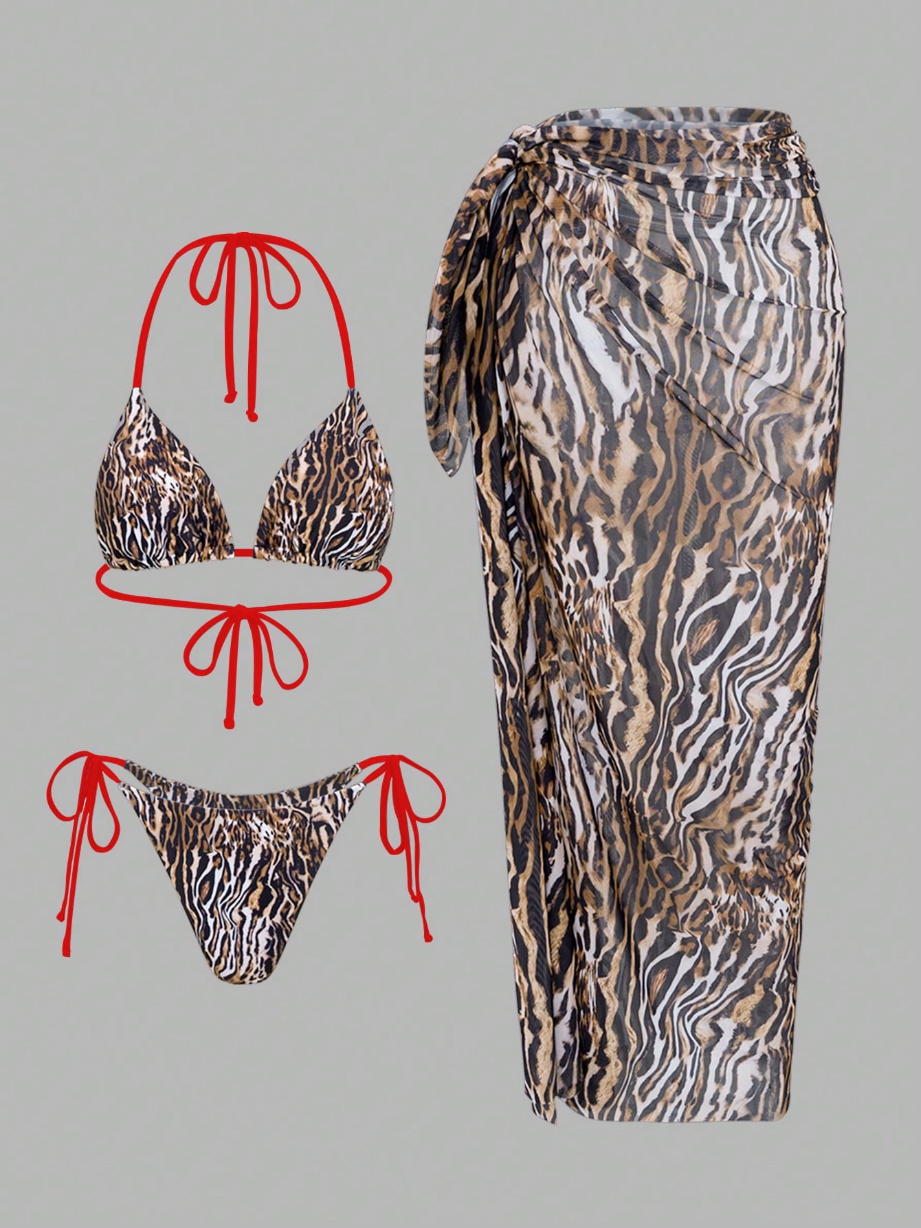 Swim SXY 3pcs Leopard & Solid Color Mixed Print Triangle Halter Sexy