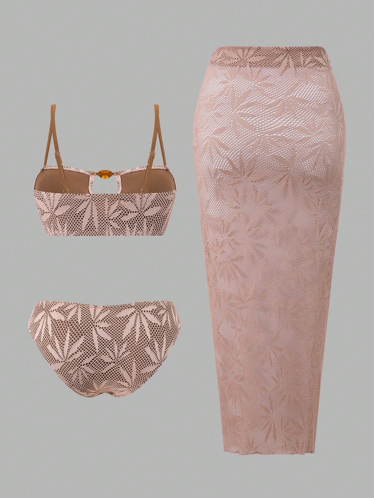 Swim Oasis Women's Pink Summer Boho Beach Holiday Spaghetti Strap Hollow-Out Beaded Backless Leaf Texture - image 2
