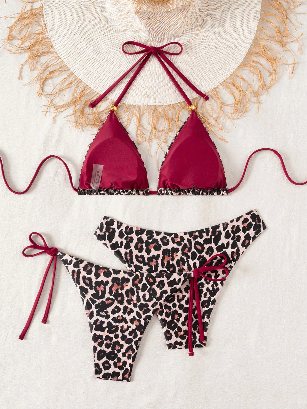 Swim Vcay 3pcs Leopard Print Triangle Bikini Set,Halter Neck Backless