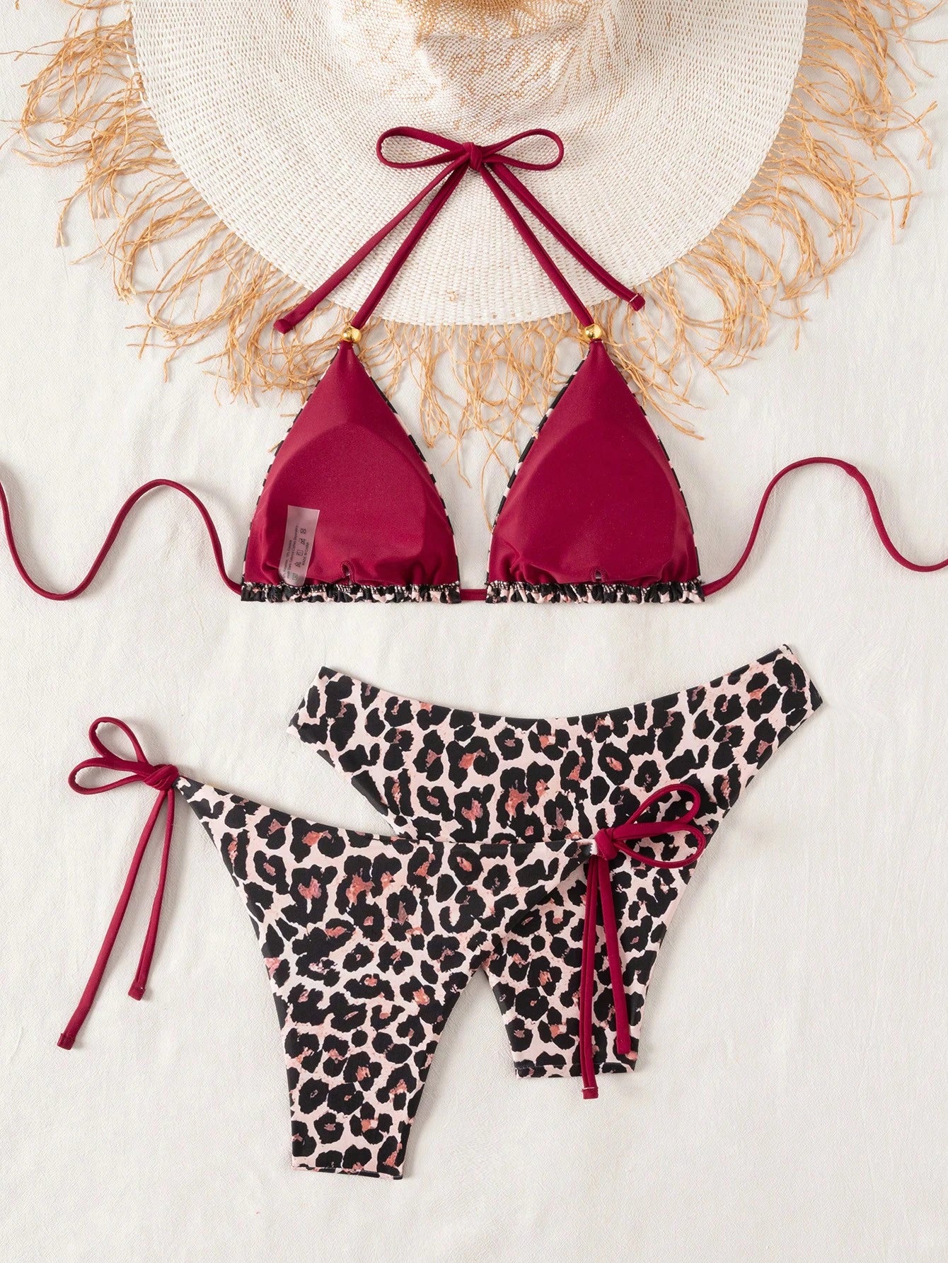 Swim Vcay 3pcs Leopard Print Triangle Bikini Set,Halter Neck Backless