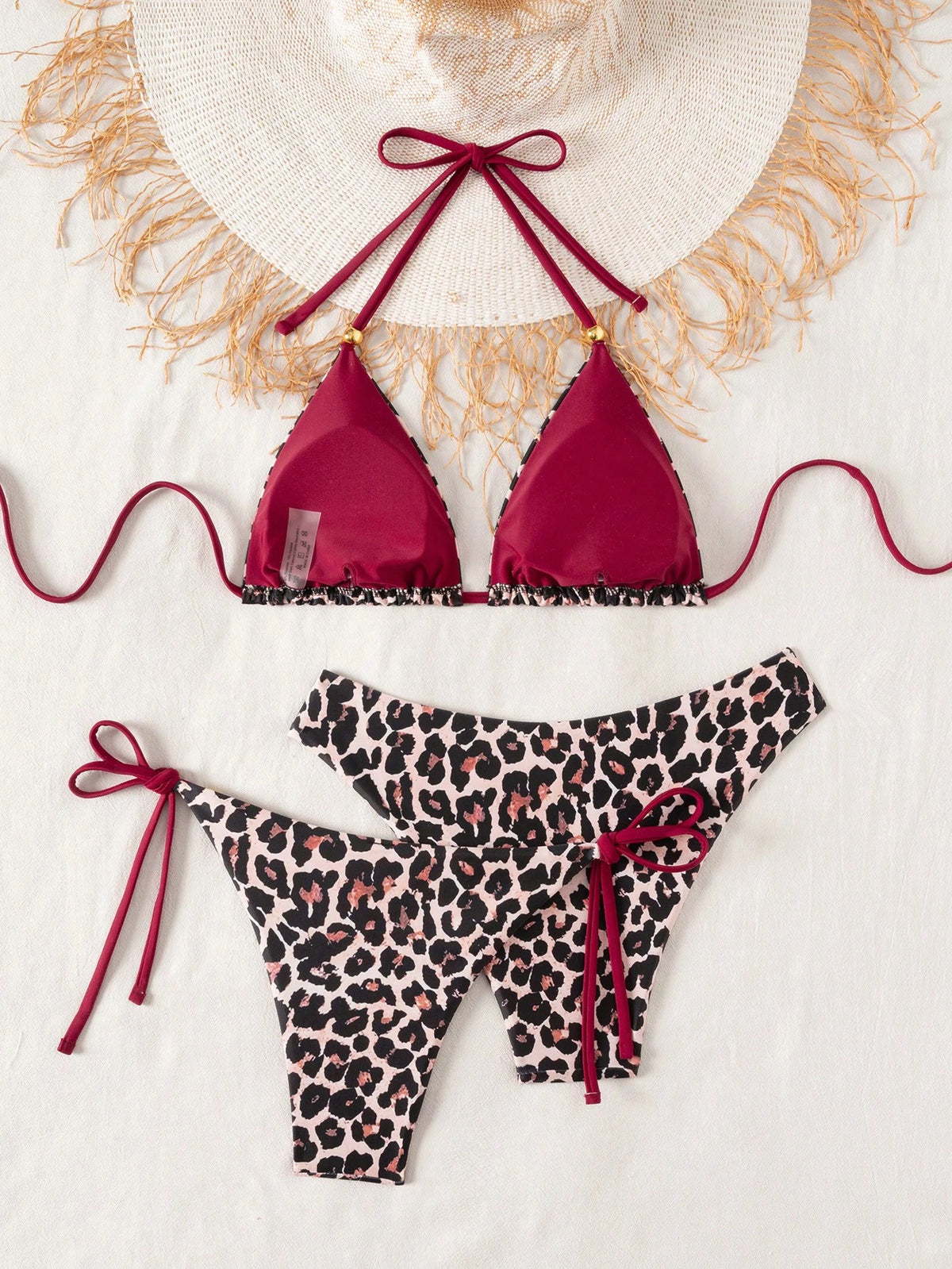 Swim Vcay 3pcs Leopard Print Triangle Bikini Set,Halter Neck Backless Tie Top,Knotted Bottom,Beige Summer - image 17