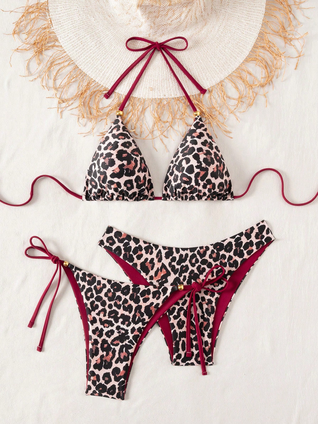 Swim Vcay 3pcs Leopard Print Triangle Bikini Set,Halter Neck Backless