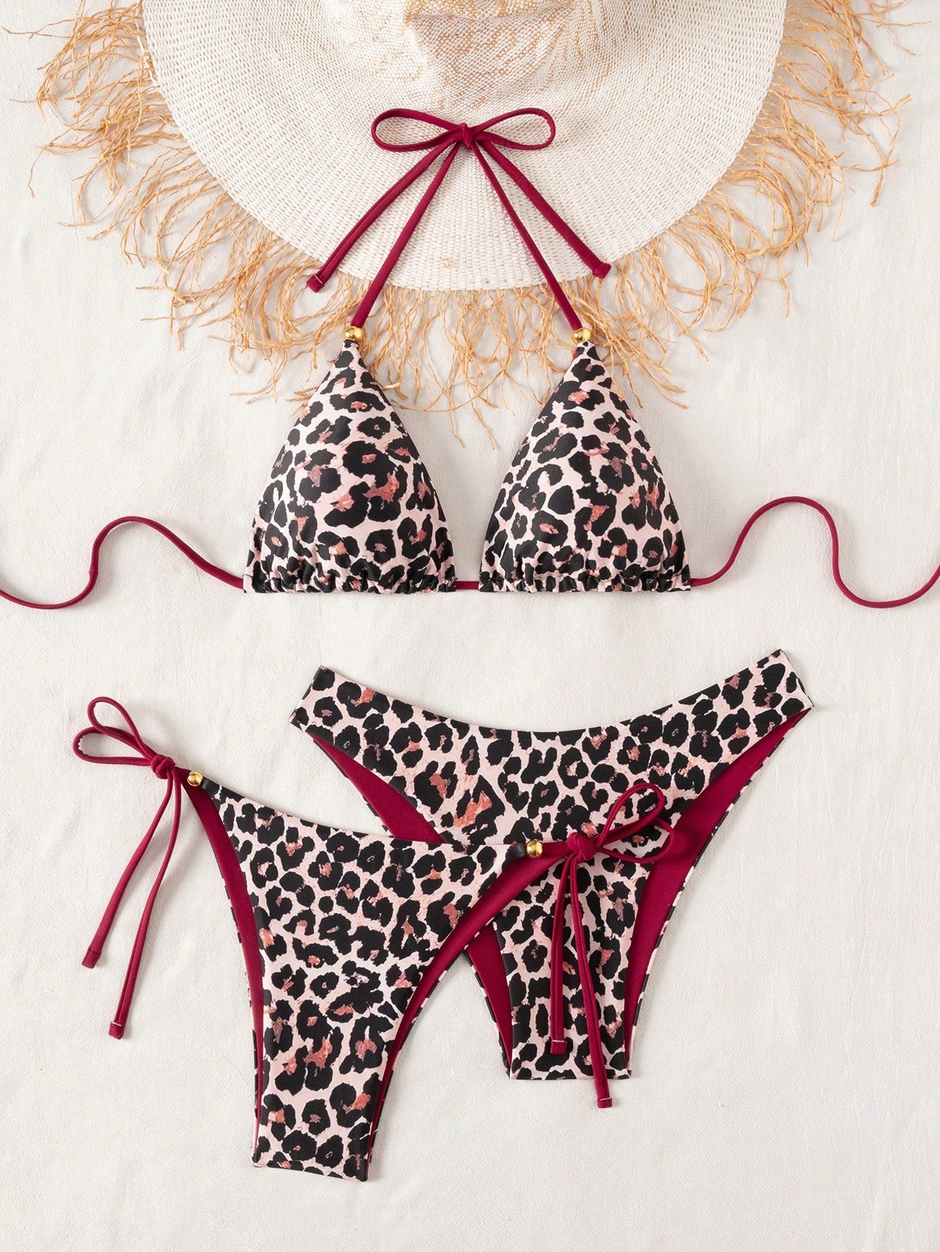 Swim Vcay 3pcs Leopard Print Triangle Bikini Set,Halter Neck Backless