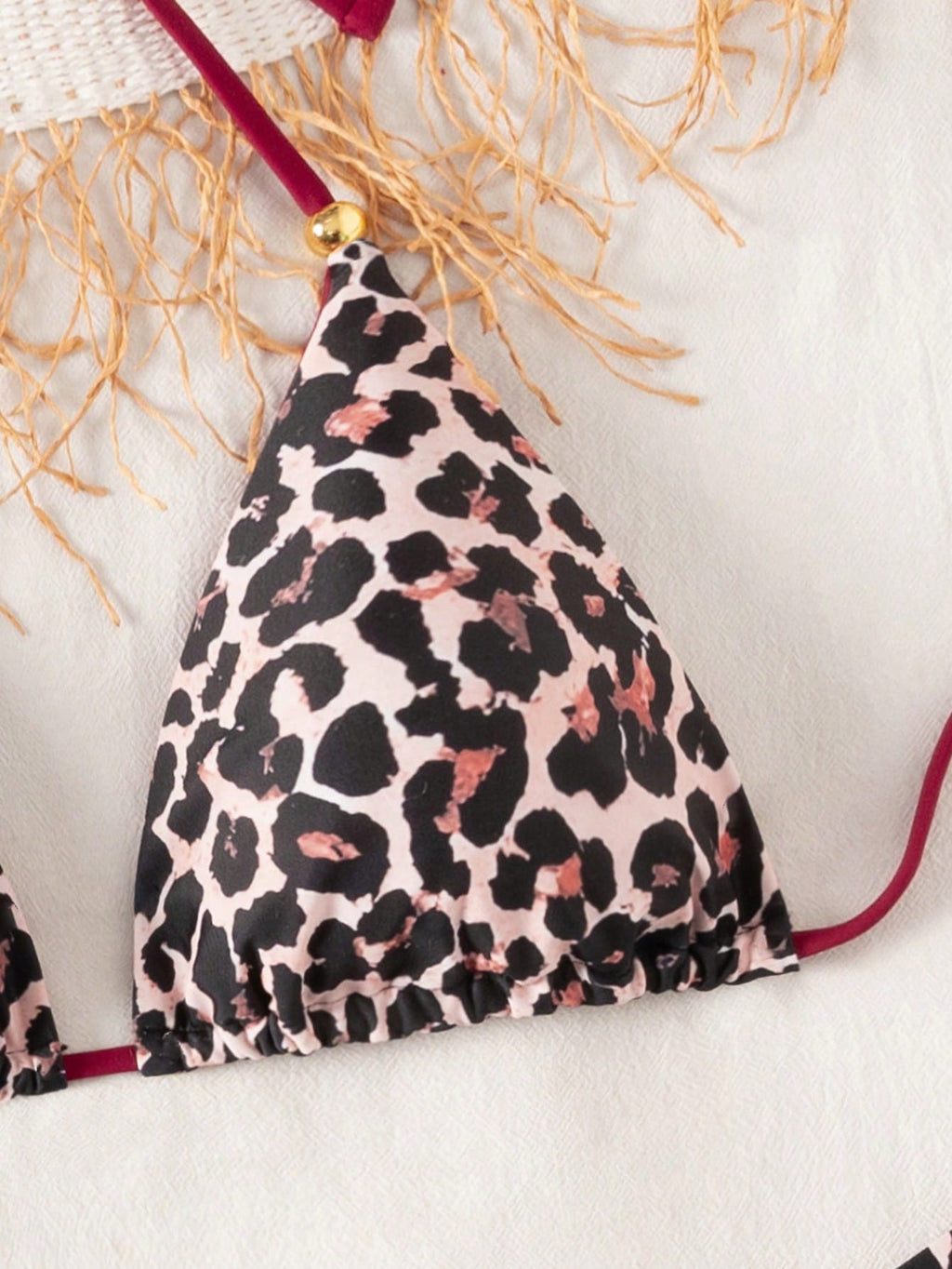 Swim Vcay 3pcs Leopard Print Triangle Bikini Set,Halter Neck Backless
