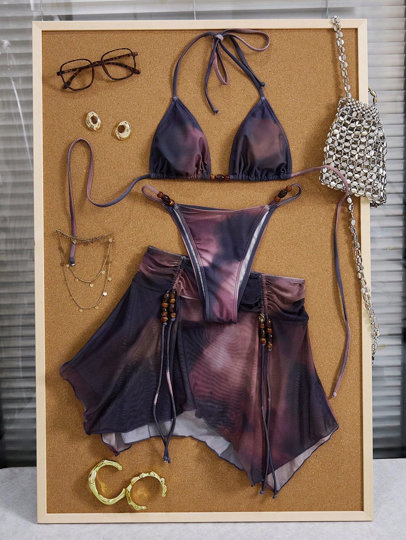 3pcs Women's Tie Dye Print Halter Neck Bikini Set With Tassel Bead