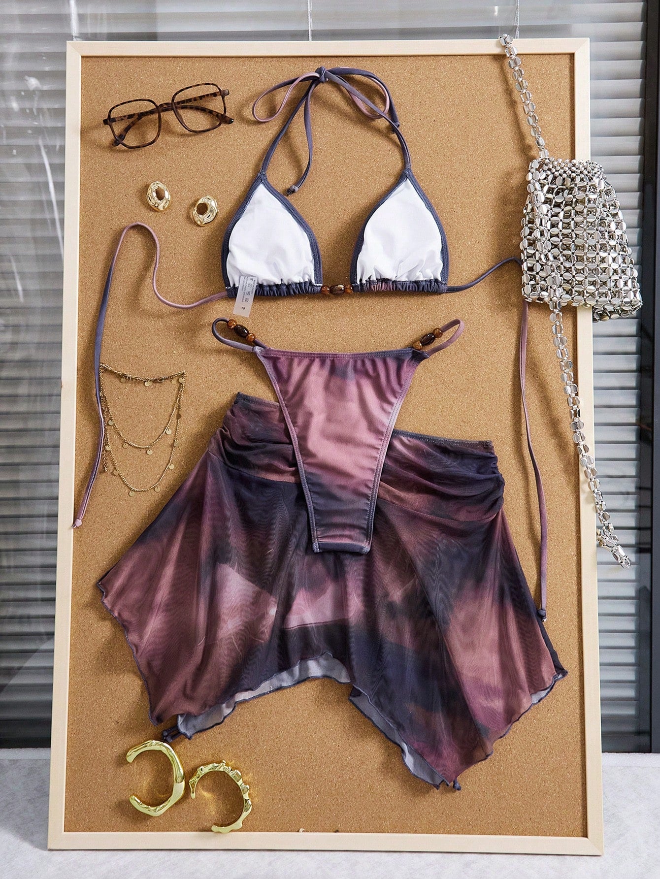 3pcs Women's Tie Dye Print Halter Neck Bikini Set With Tassel Bead