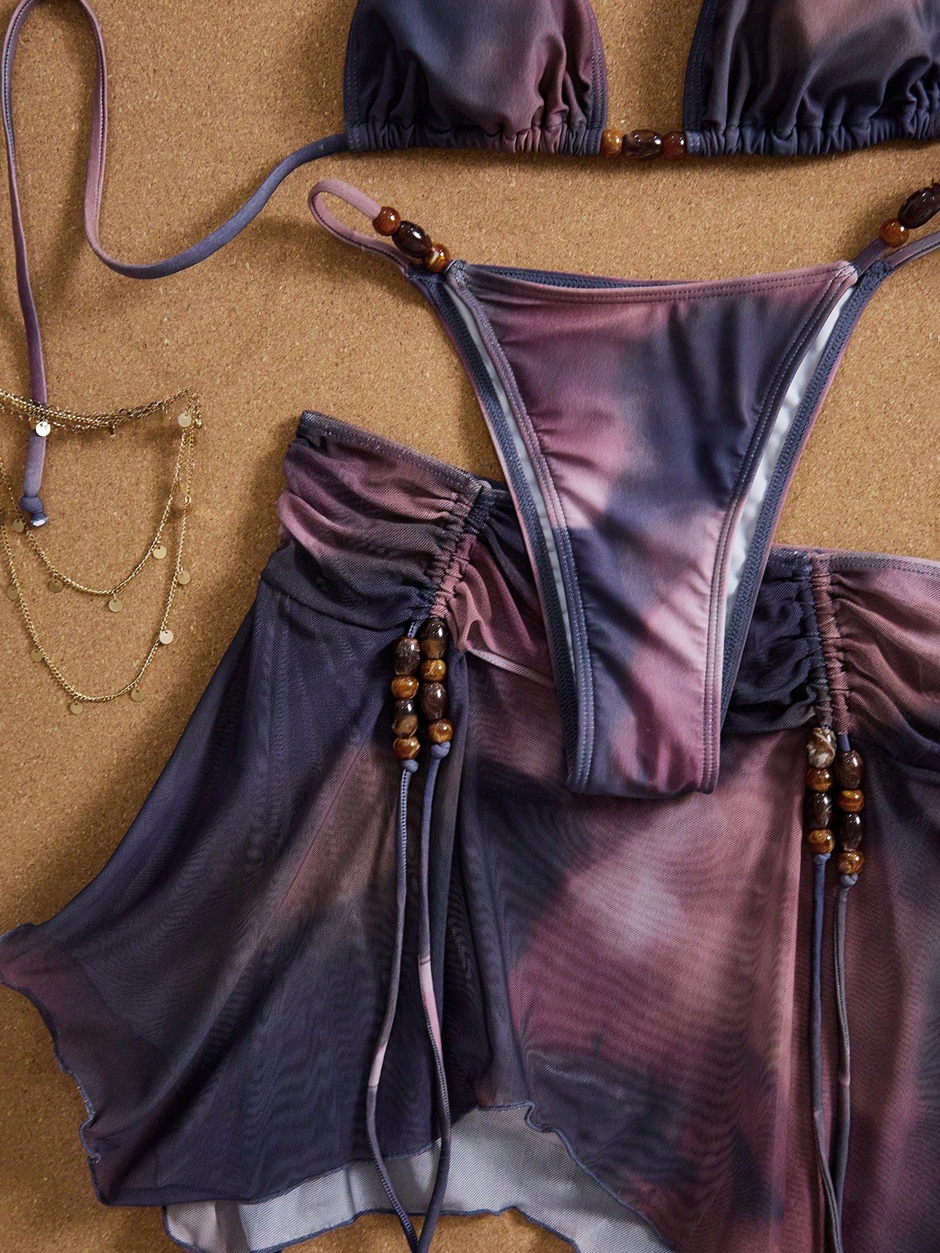 3pcs Women's Tie Dye Print Halter Neck Bikini Set With Tassel Bead