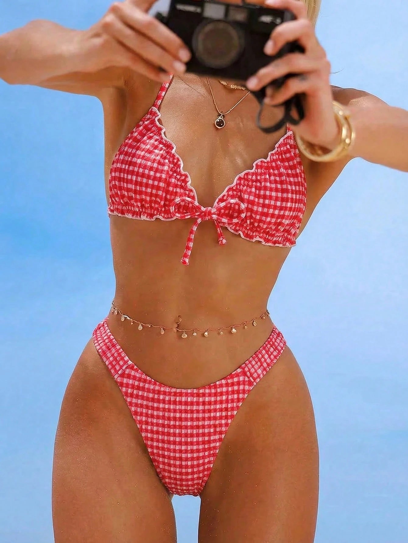 Swim Mod Embroidered Mesh Fabric Thin Frill Edge Pleated Front Tie