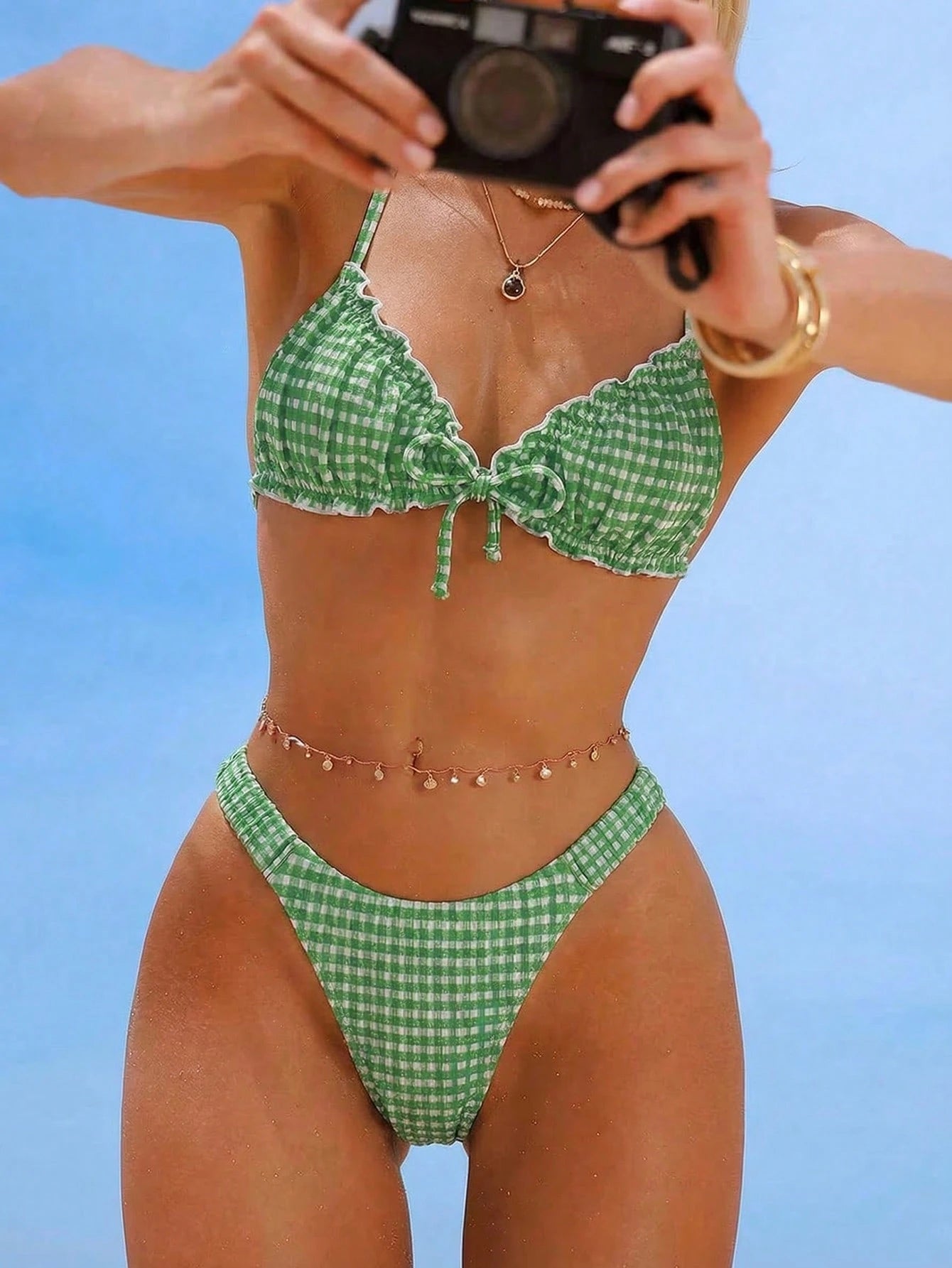 Swim Mod Embroidered Mesh Fabric Thin Frill Edge Pleated Front Tie