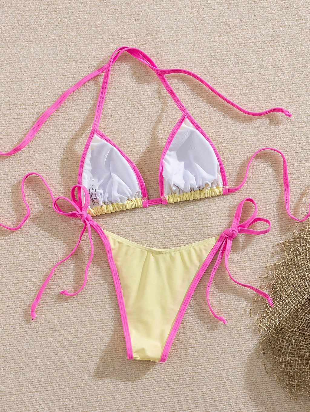 Women's Solid Color Contrast Bikini Set, Halter Neck Tie Back Open Back Swimwear