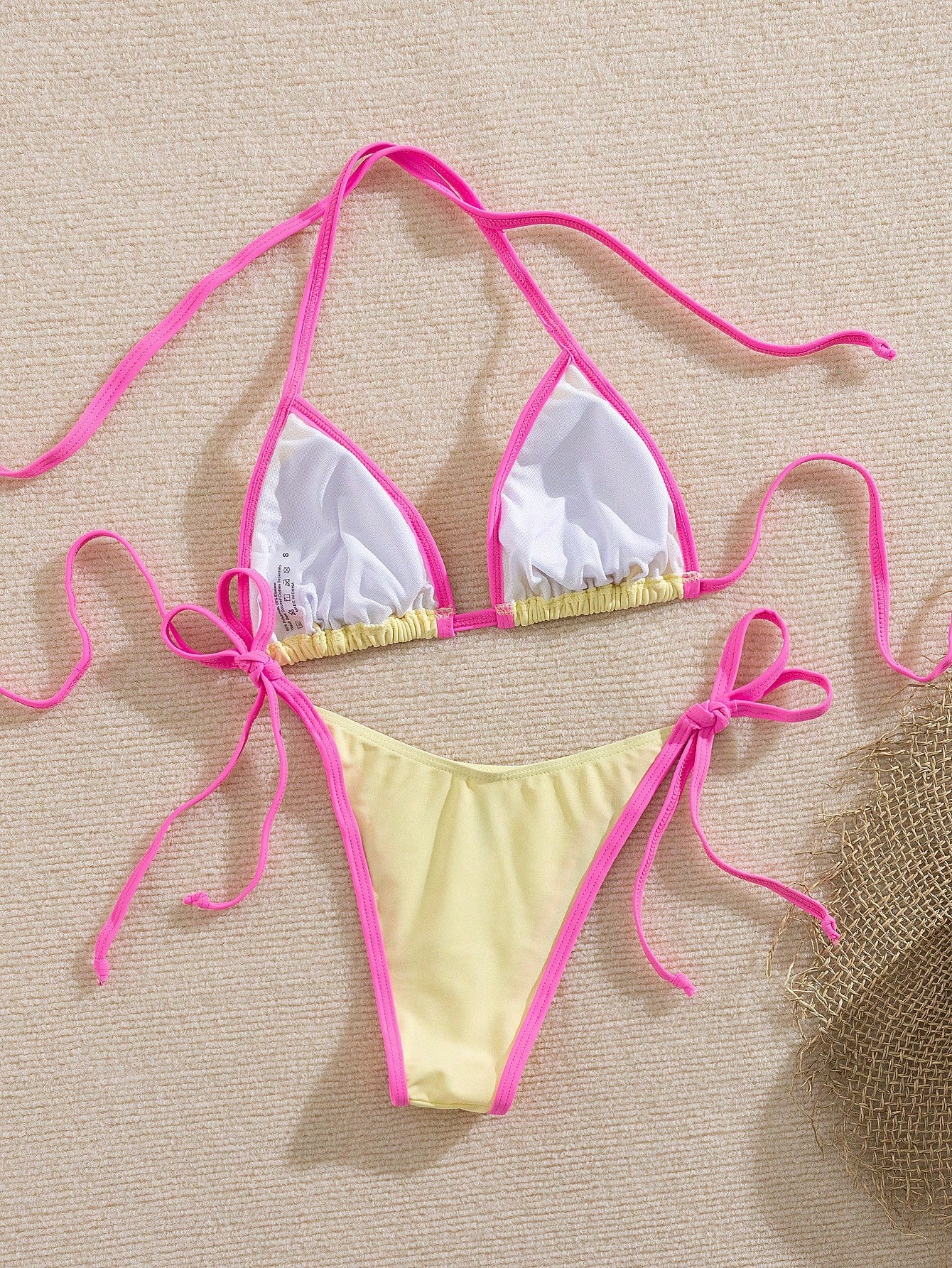 Women's Solid Color Contrast Bikini Set, Halter Neck Tie Back Open Back Swimwear
