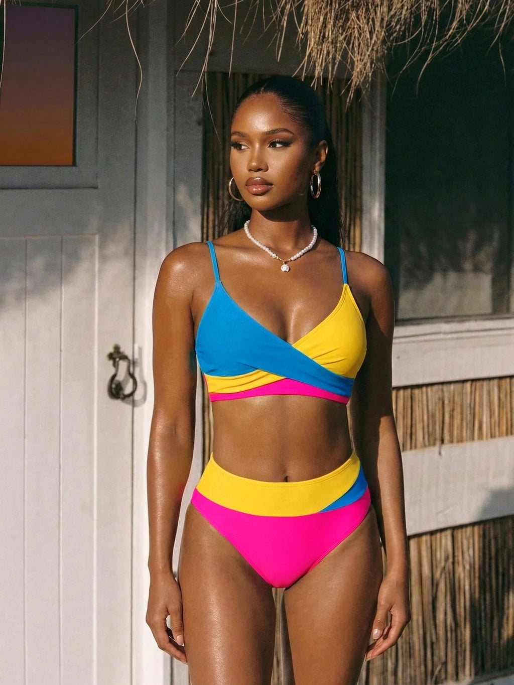 Swim Women Summer Beach Color-Block Spaghetti Strap Bikini Set