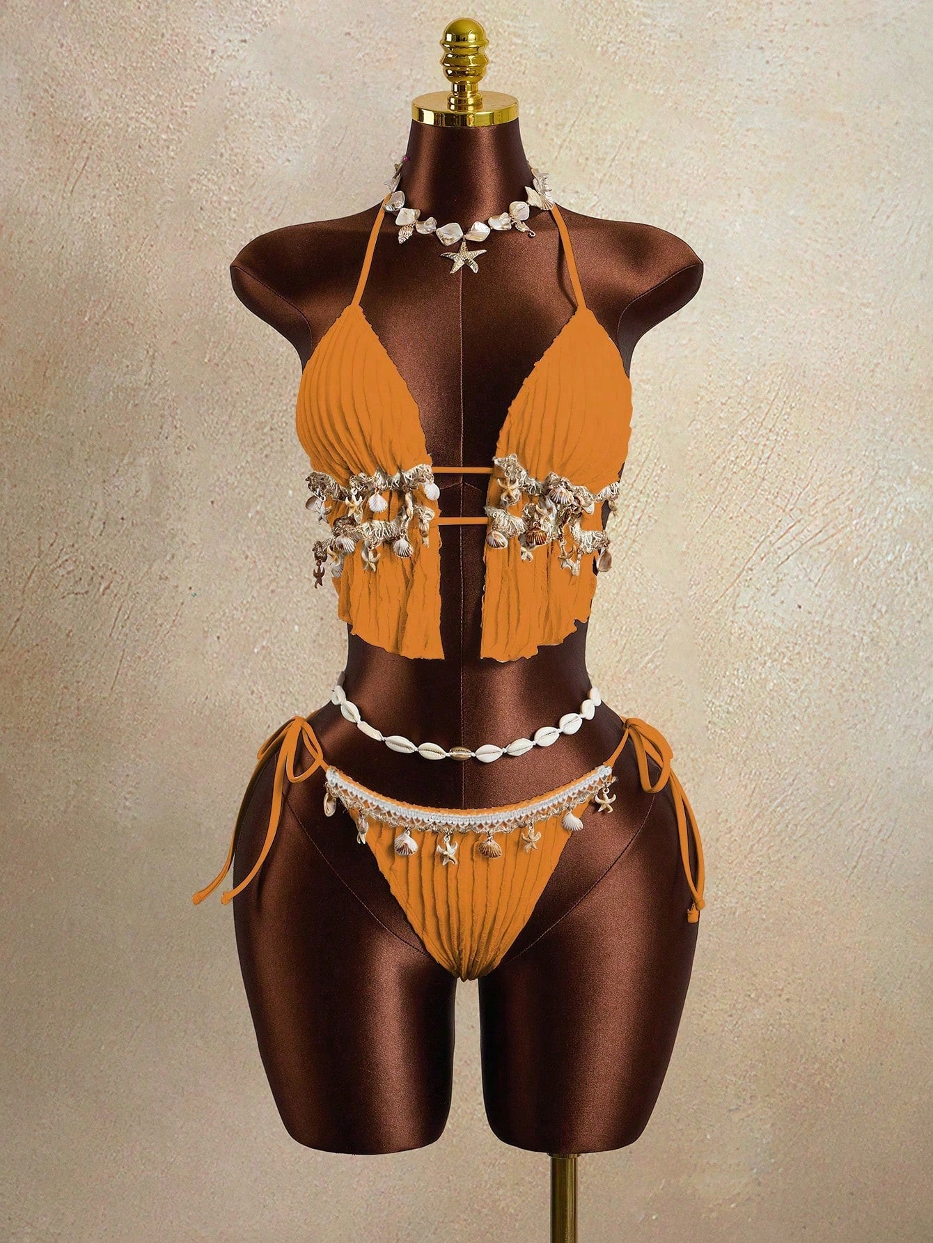 Zestiva Women's 2 Pieces Wavy Striped Shell Tape Splice Tie Neck Bikini Set, Summer,Bohemia,Boho - image 9