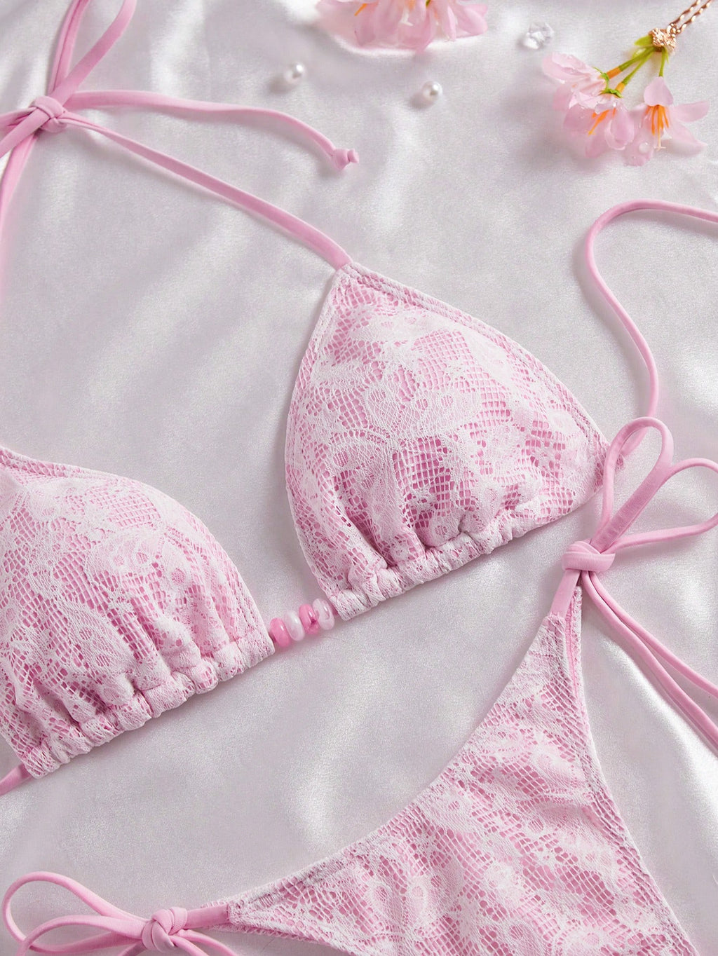 Women's Elegant Sweet Pink Lace Halter Tie Bikini Set, Beaded Detail, Perfect Fo