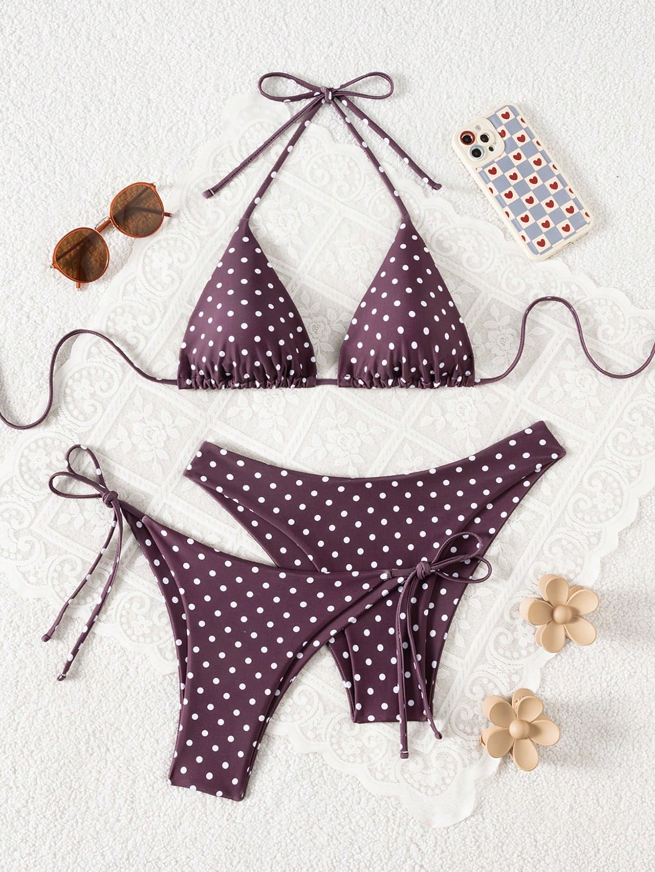 Swim Vcay Women's White With Black Polka Dots 3-Piece Set Triangle