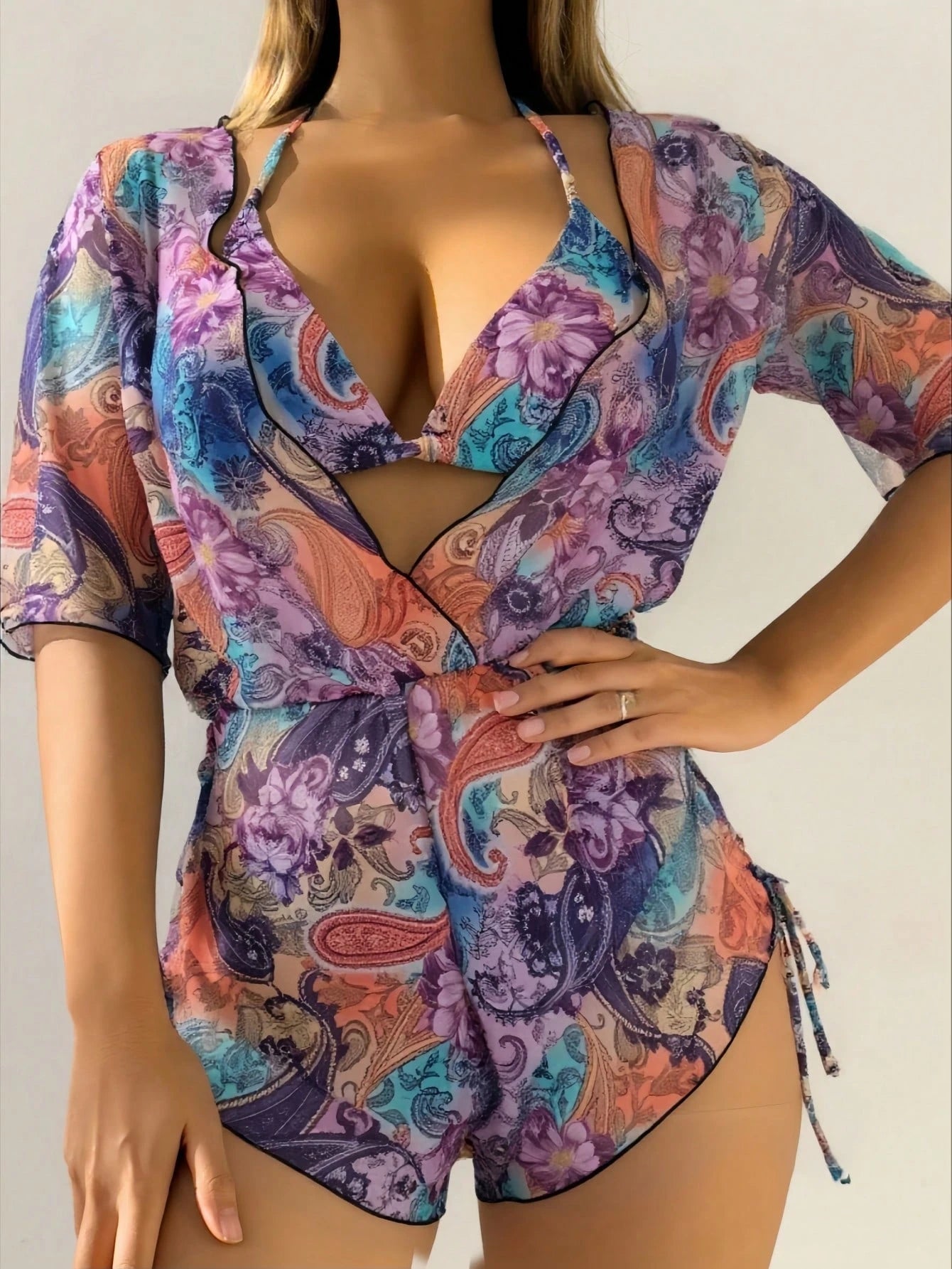 3pcs/Set Women's Tropical Plants Print Halter Tie Bikini Set With