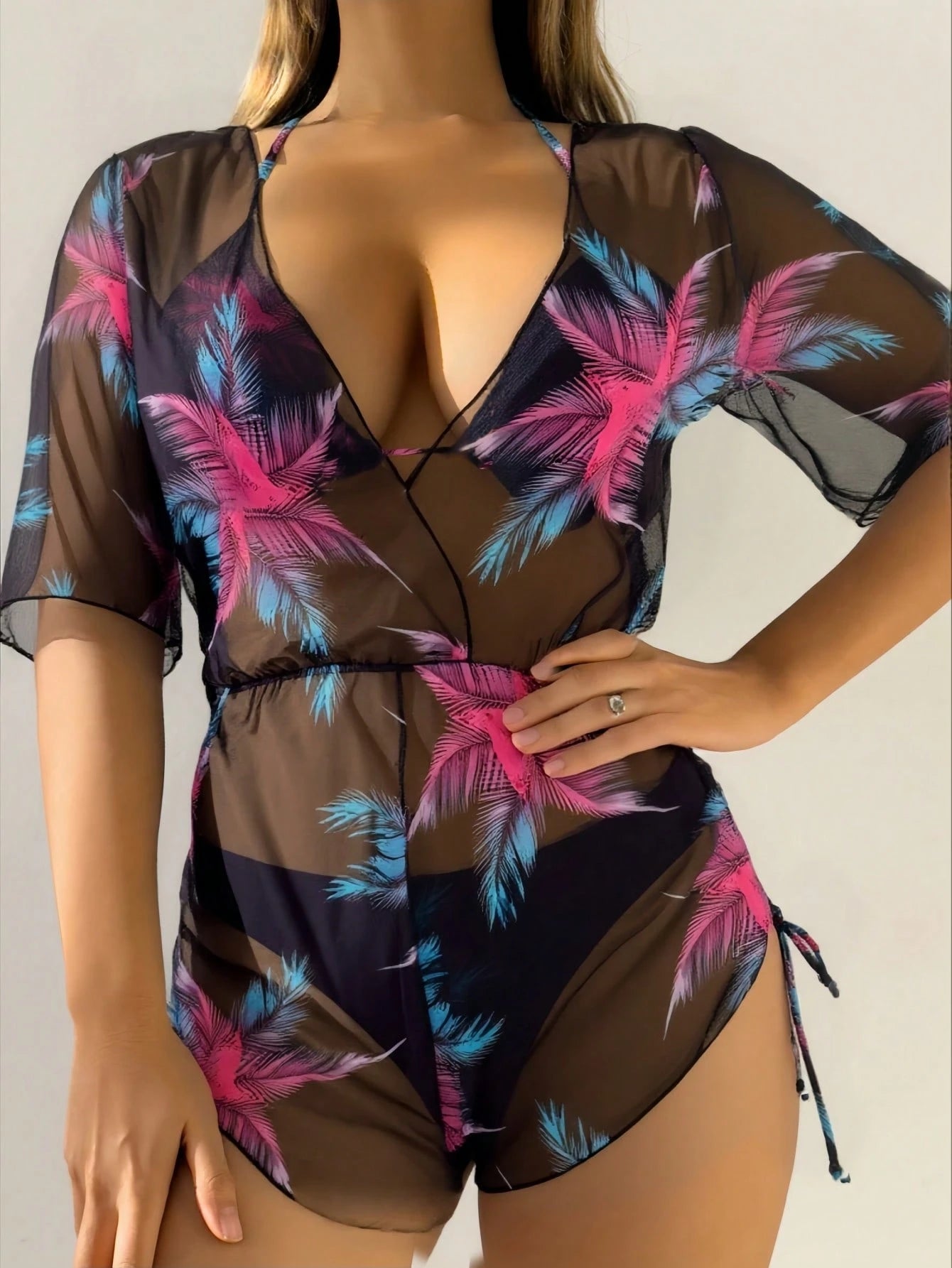 3pcs/Set Women's Tropical Plants Print Halter Tie Bikini Set With