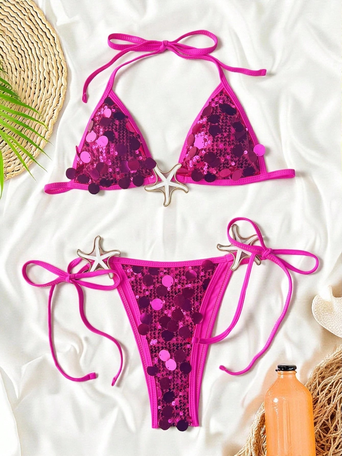 Swim SXY Women's Sexy Swimwear Sequin Halter Bikini Set, Backless Tie