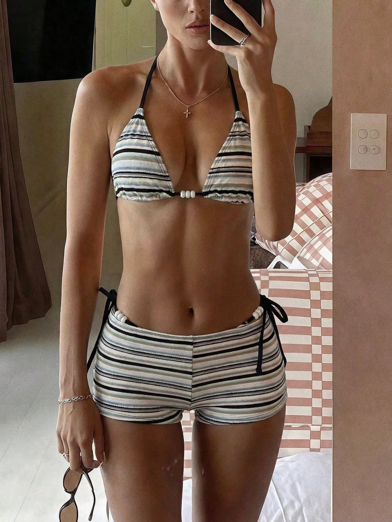 Bonvoyette Women's Chocolate Brown Contrast Striped Textured Bikini