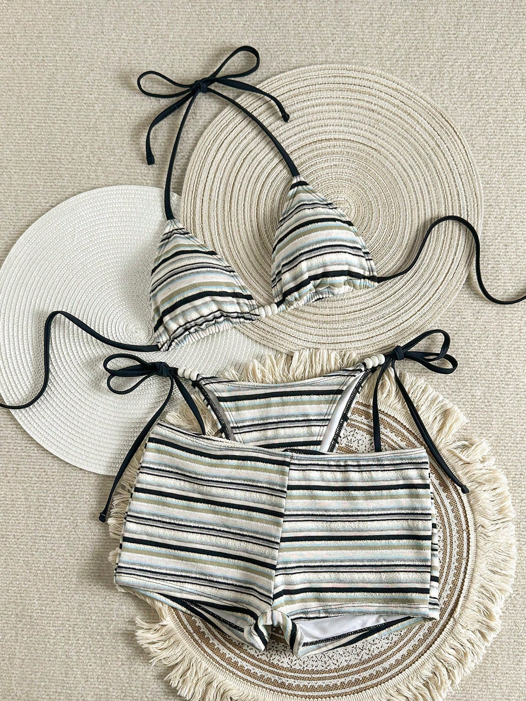 Bonvoyette Women's Chocolate Brown Contrast Striped Textured Bikini