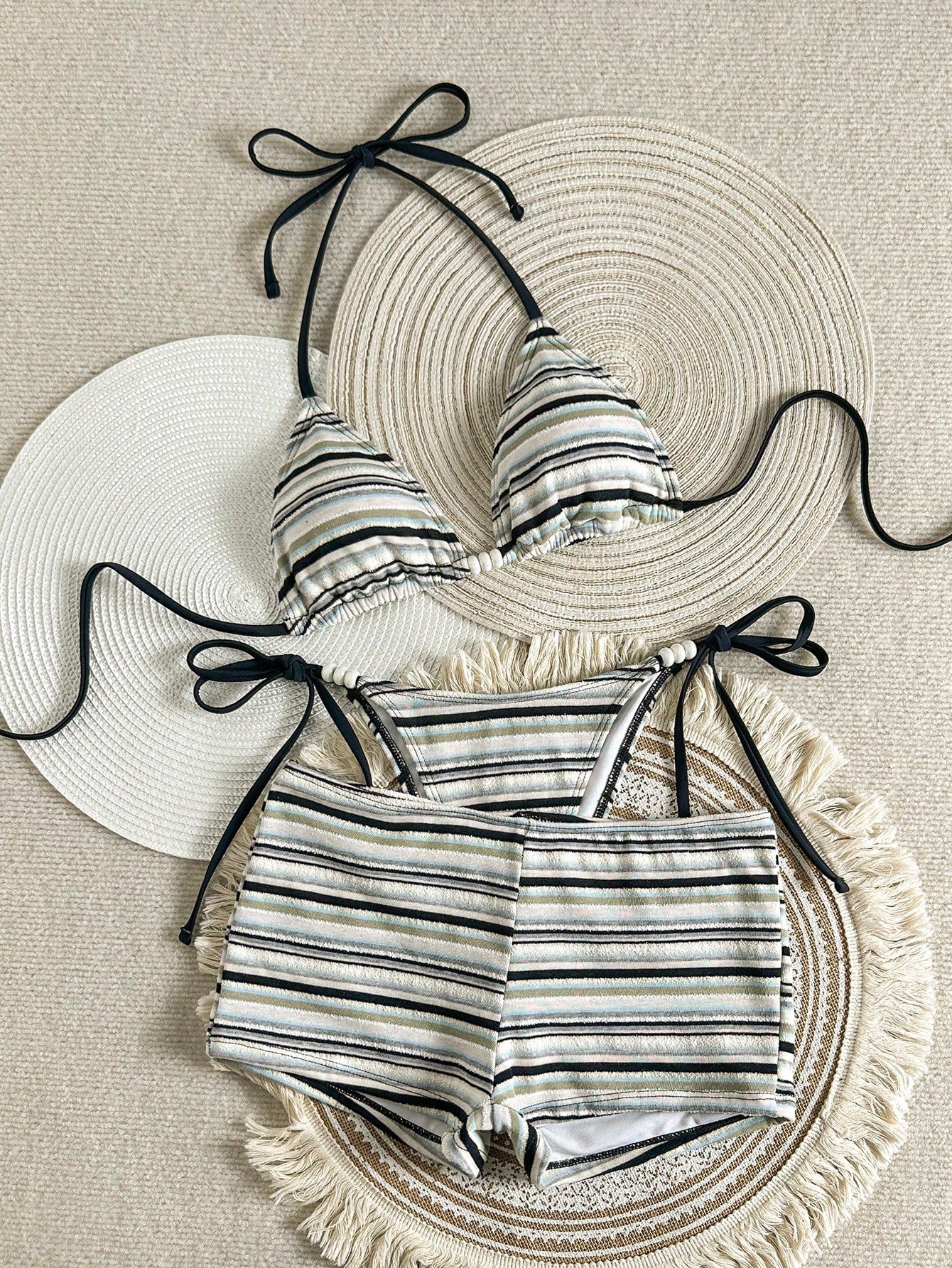 Bonvoyette Women's Chocolate Brown Contrast Striped Textured Bikini