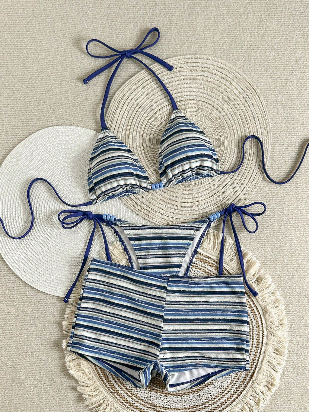 Costavie Women's 3-Piece Beachwear Set:Blue And White Stripe Textured Halter Bik