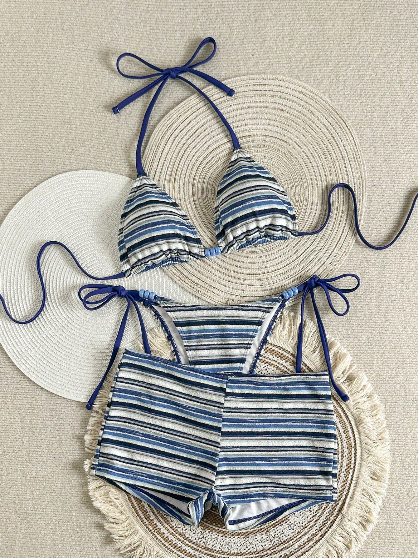 Bonvoyette Women's Chocolate Brown Contrast Striped Textured Bikini