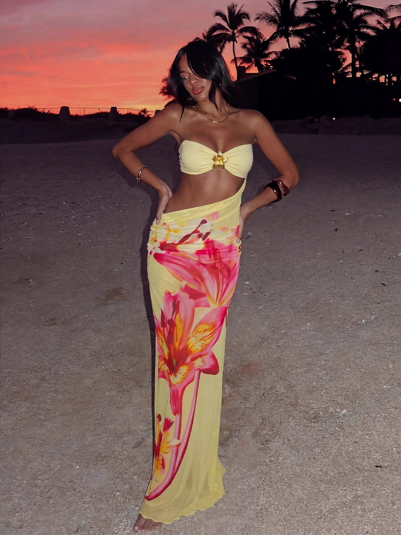 Women's Summer Beach Bikini Set, Metal Flower Decor With Removable