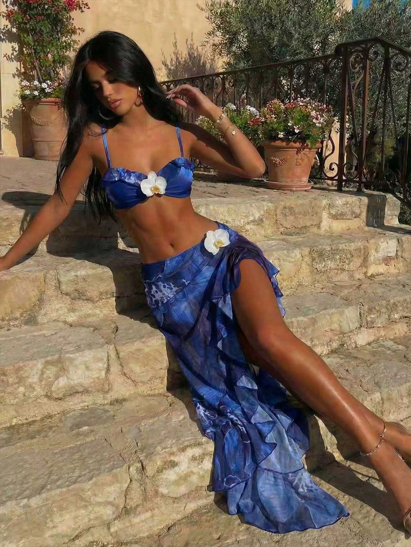 3pcs Women's Floral Print Elegant Sexy Backless 3D Flower Beach Dress