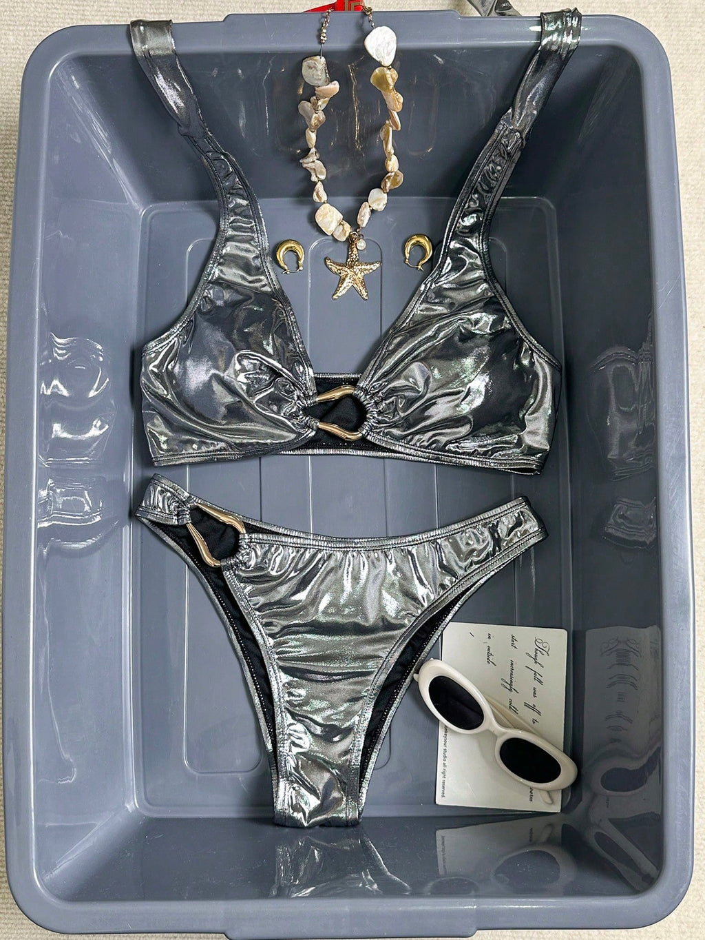 Swim Chiccia Women's Two Pieces Solid Color Metallic Shiny Fabric