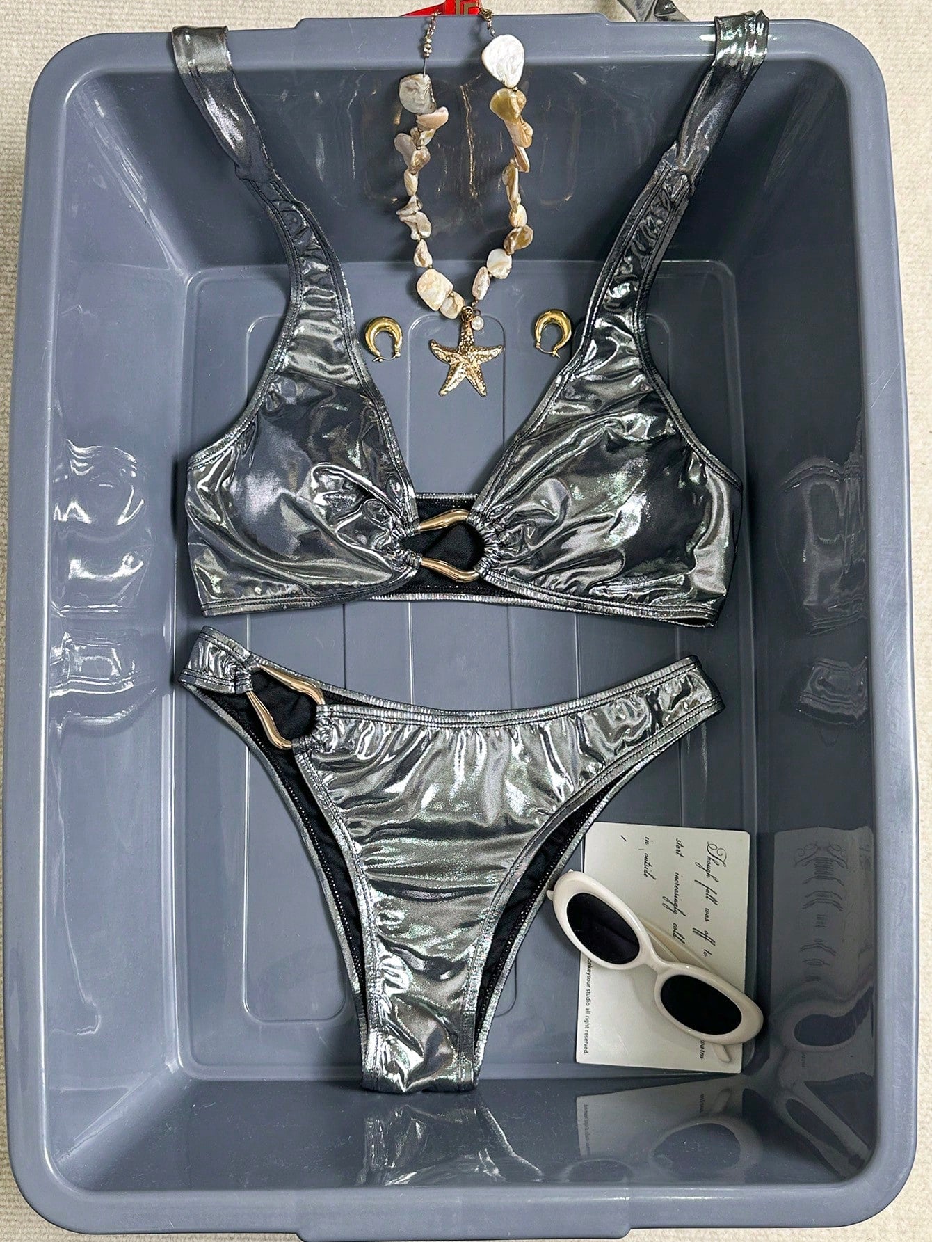 Swim Chiccia Women's Two Pieces Solid Color Metallic Shiny Fabric
