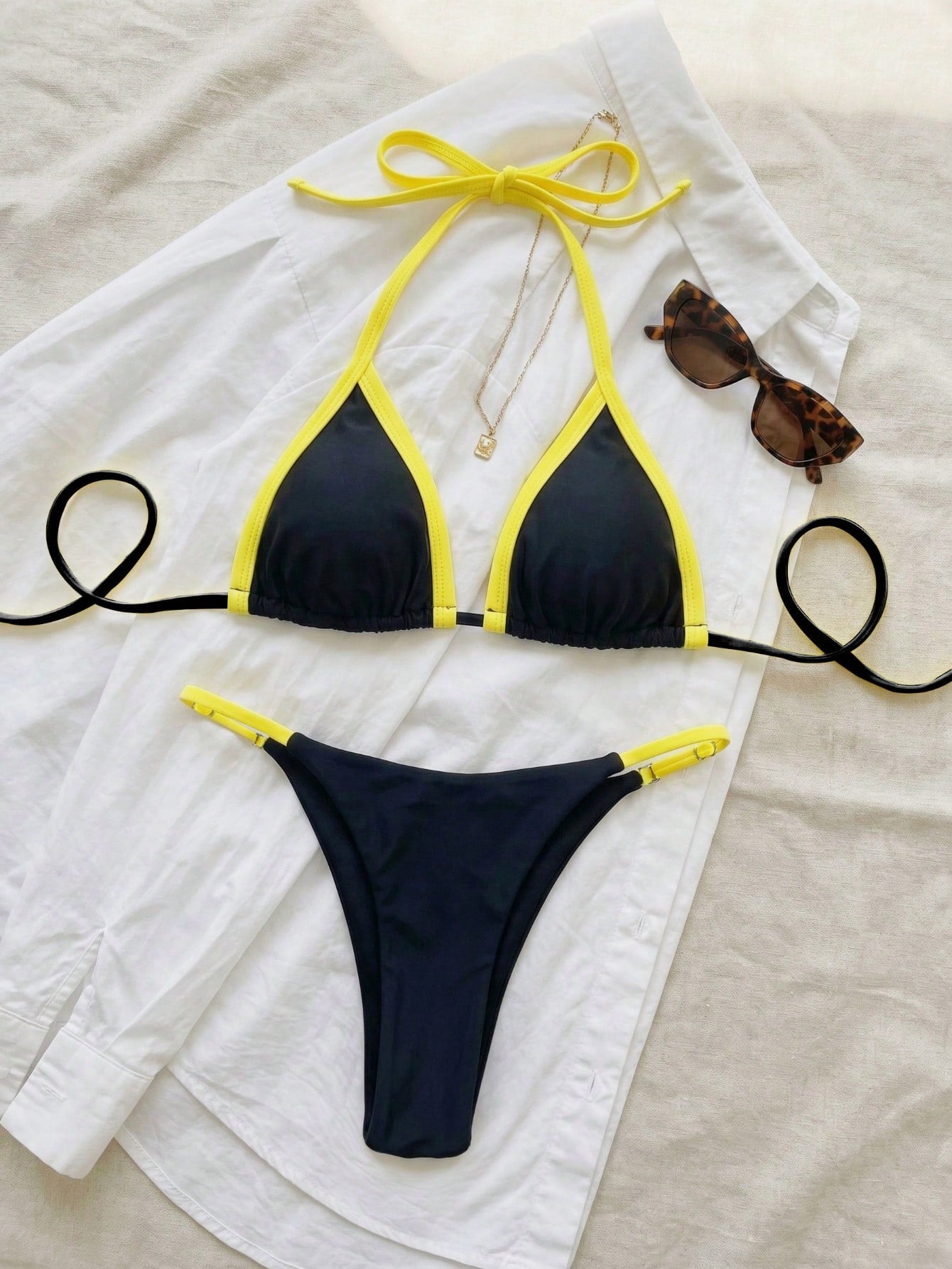 Women's Black And Yellow Bikini 2-Piece Set, Fashionable Elegant