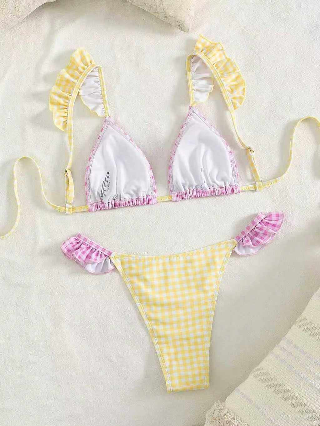 Spring & Summer Women's Sexy Pink & Yellow Plaid Ruffle Trim Bikini