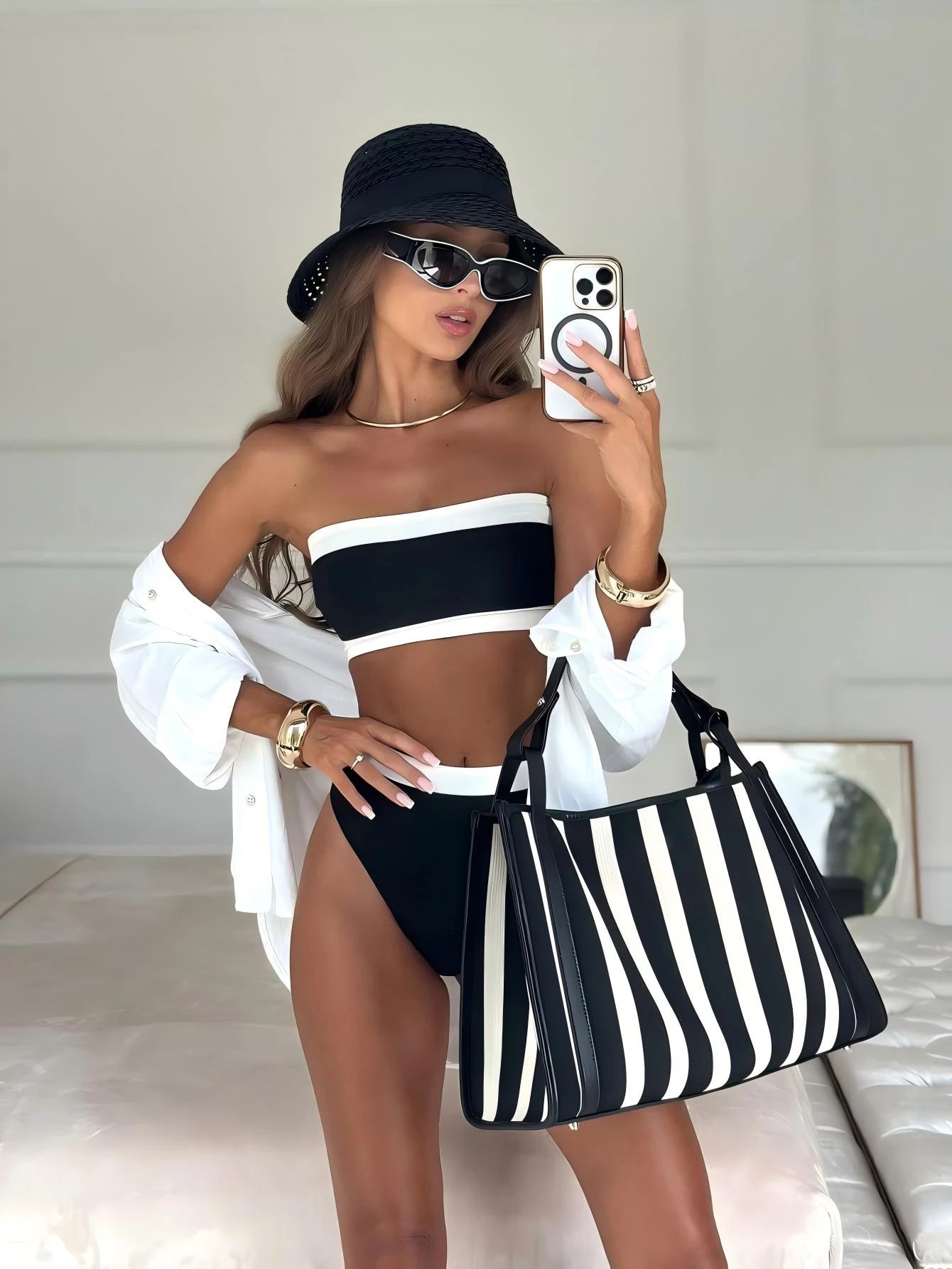 New Beach Pool Party Vacation Fashion Sexy Solid Color Block Detachable Shoulder
