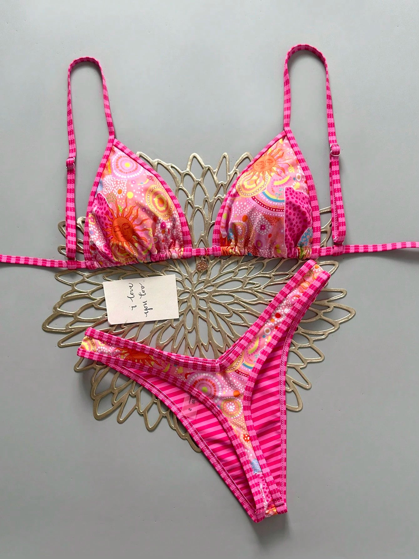 Swim Vcay 2pcs/Set Women Random Print Gold Accessory, Halter Top And