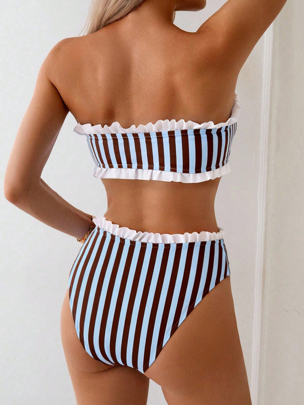Swim Mod Spring/Summer Beach Vacation Striped Print 2 Pieces Set,