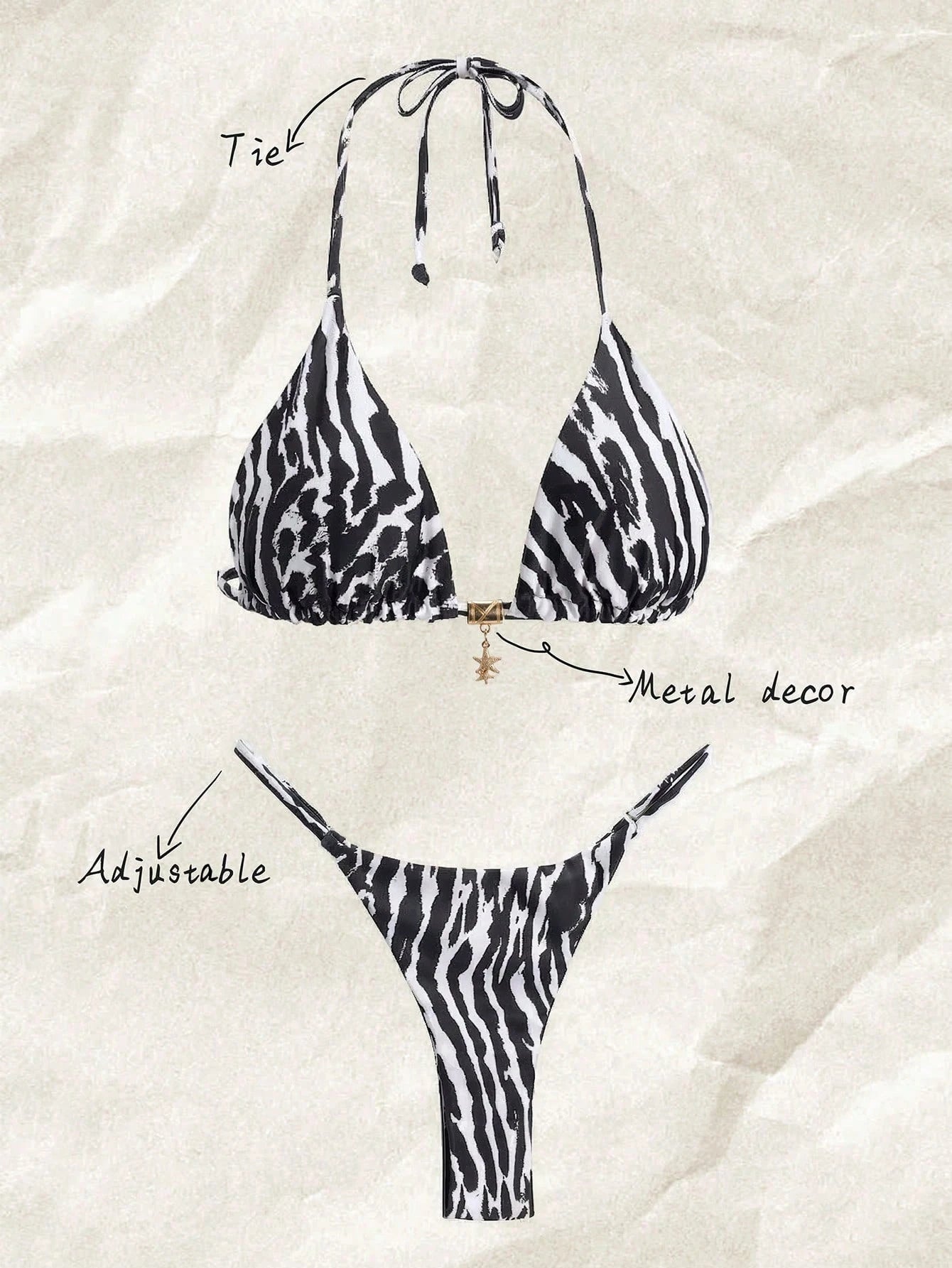 Elavelle Women's Halter Tie Back Zebra Stripe Thong Bikini Set Multicolor Fabric