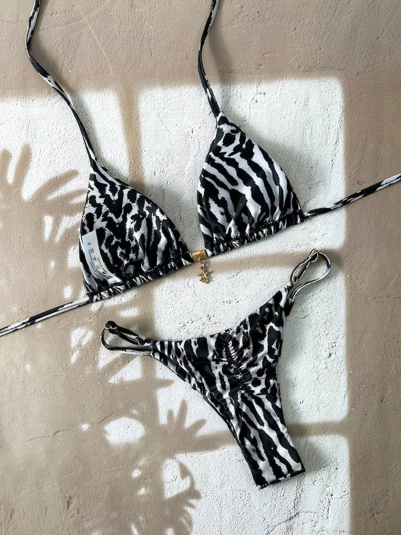 Elavelle Women's Halter Tie Back Zebra Stripe Thong Bikini Set Multicolor Fabric