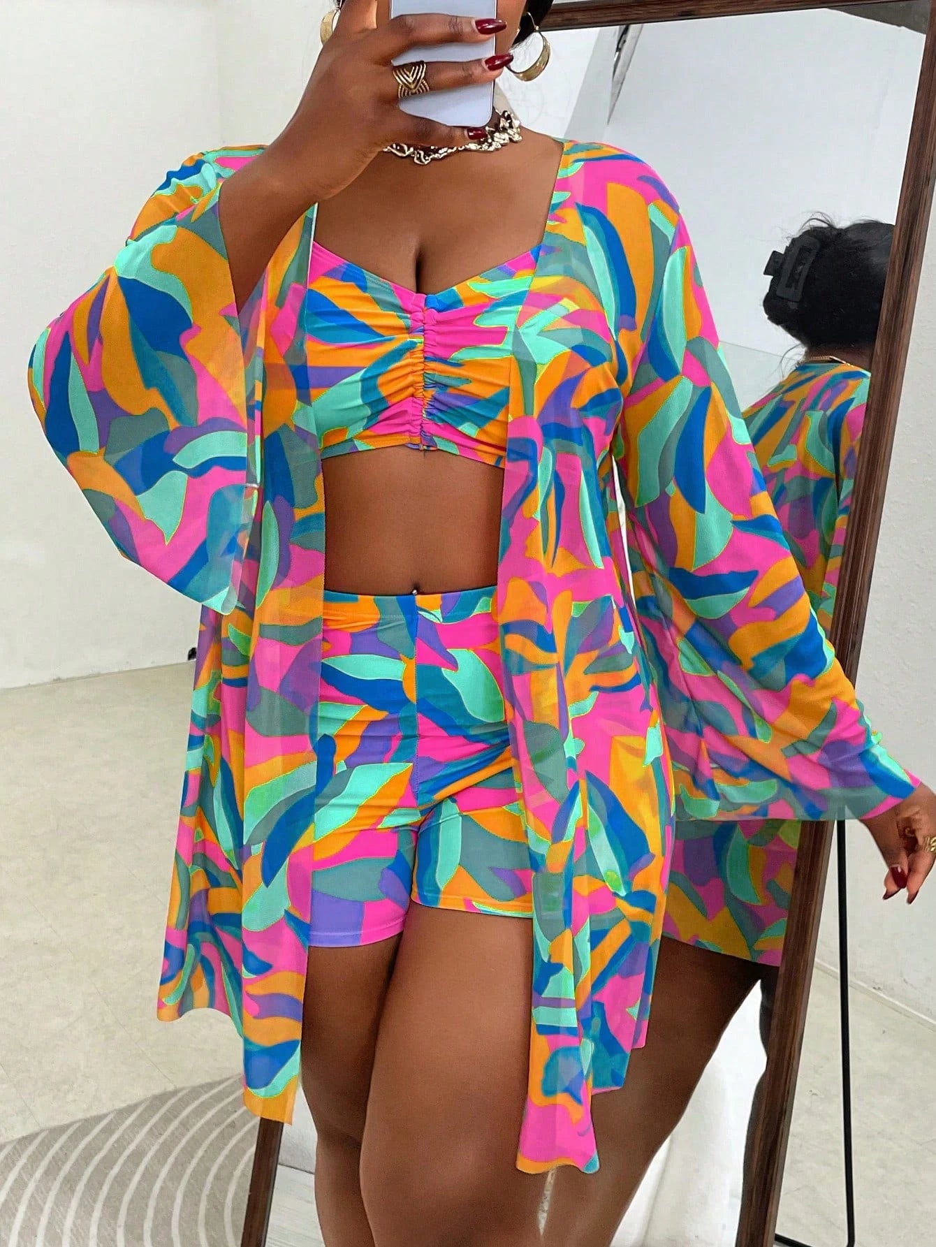 Slaydiva 3pcs Plus Size Swimwear Set, Includes Swimwear, Cover-Up, Random Floral Print, Casual Summer Beach - image 16