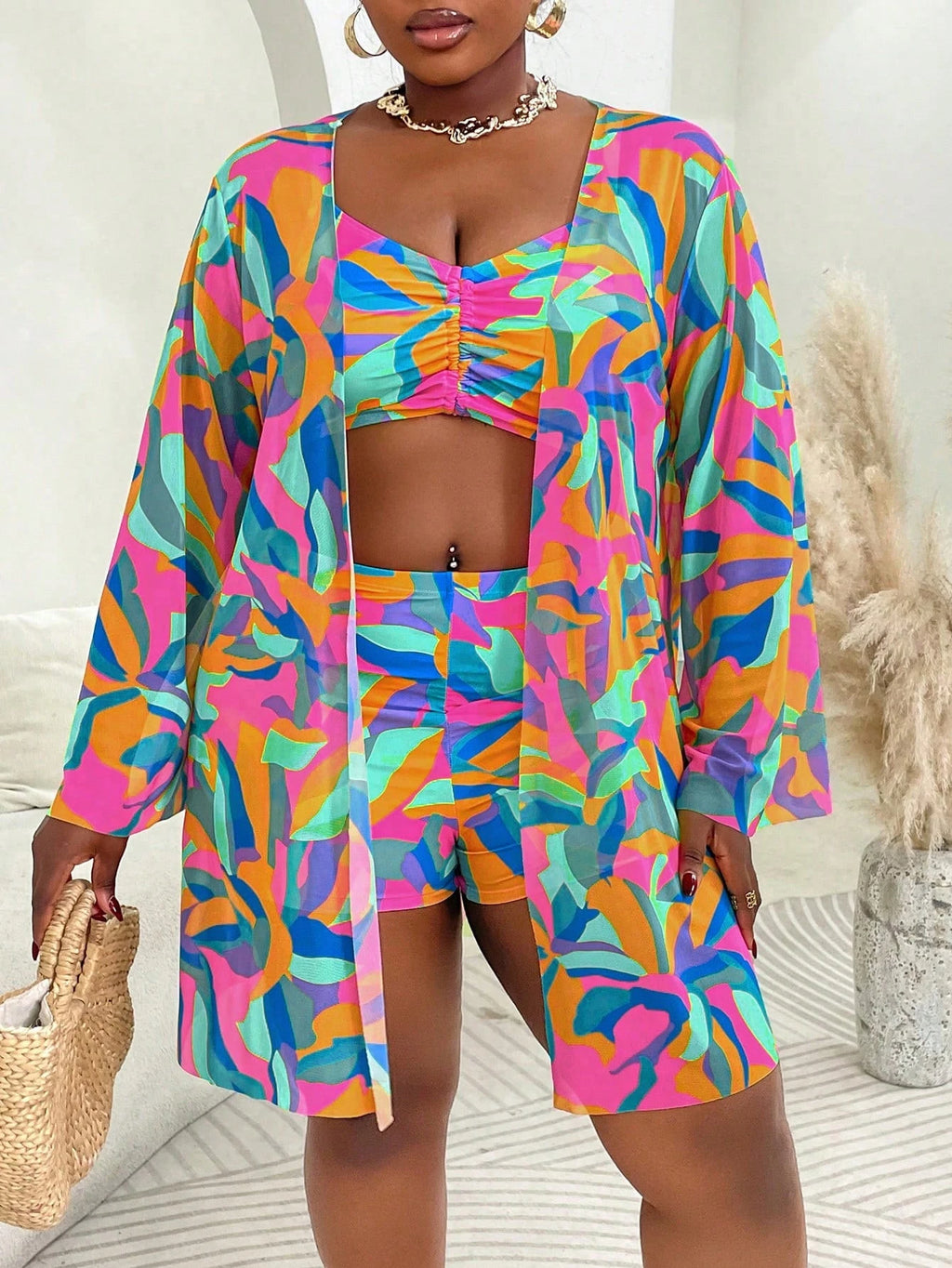Slaydiva 3pcs Plus Size Swimwear Set, Includes Swimwear, Cover-Up, Random Floral Print, Casual Summer Beach - image 19