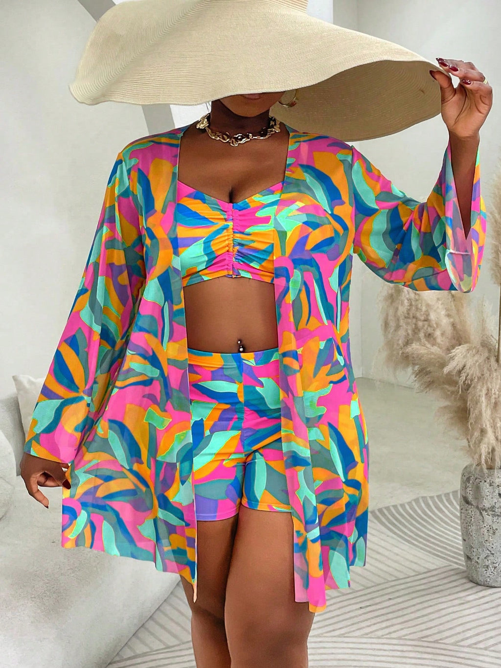 Slaydiva 3pcs Plus Size Swimwear Set, Includes Swimwear, Cover-Up, Random Floral Print, Casual Summer Beach - image 20