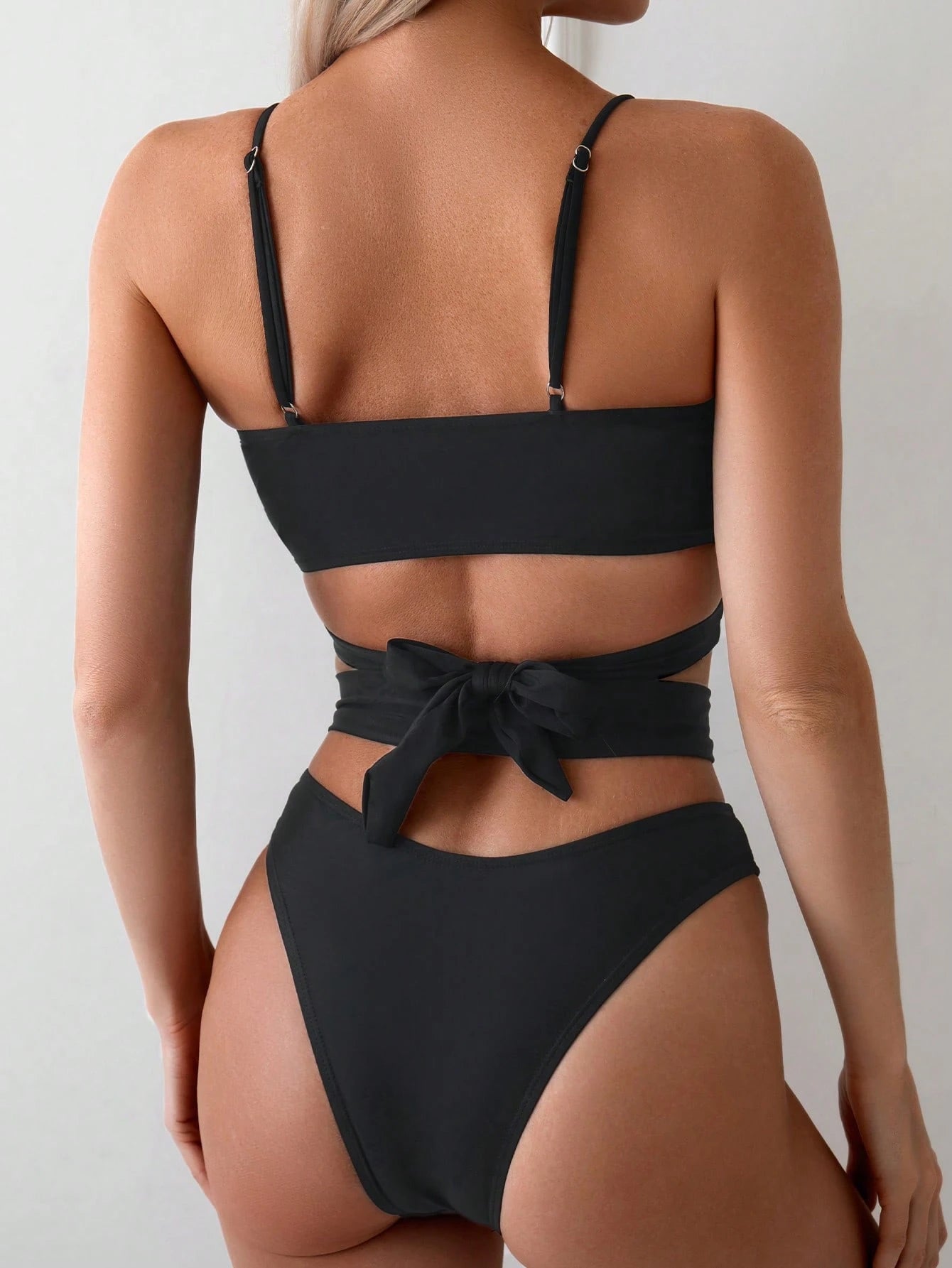 Swim Basics Solid Black Summer Bandage Spaghetti Strap Bikini Set,Separated Strappy Back Tied Swimwear - image 2