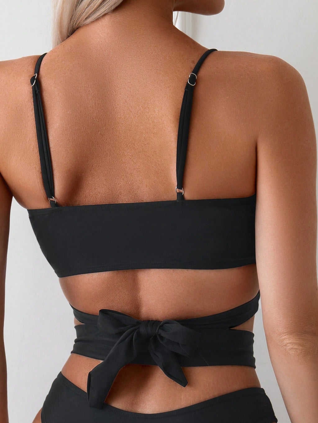 Swim Basics Solid Black Summer Bandage Spaghetti Strap Bikini Set,Separated Strappy Back Tied Swimwear - image 6
