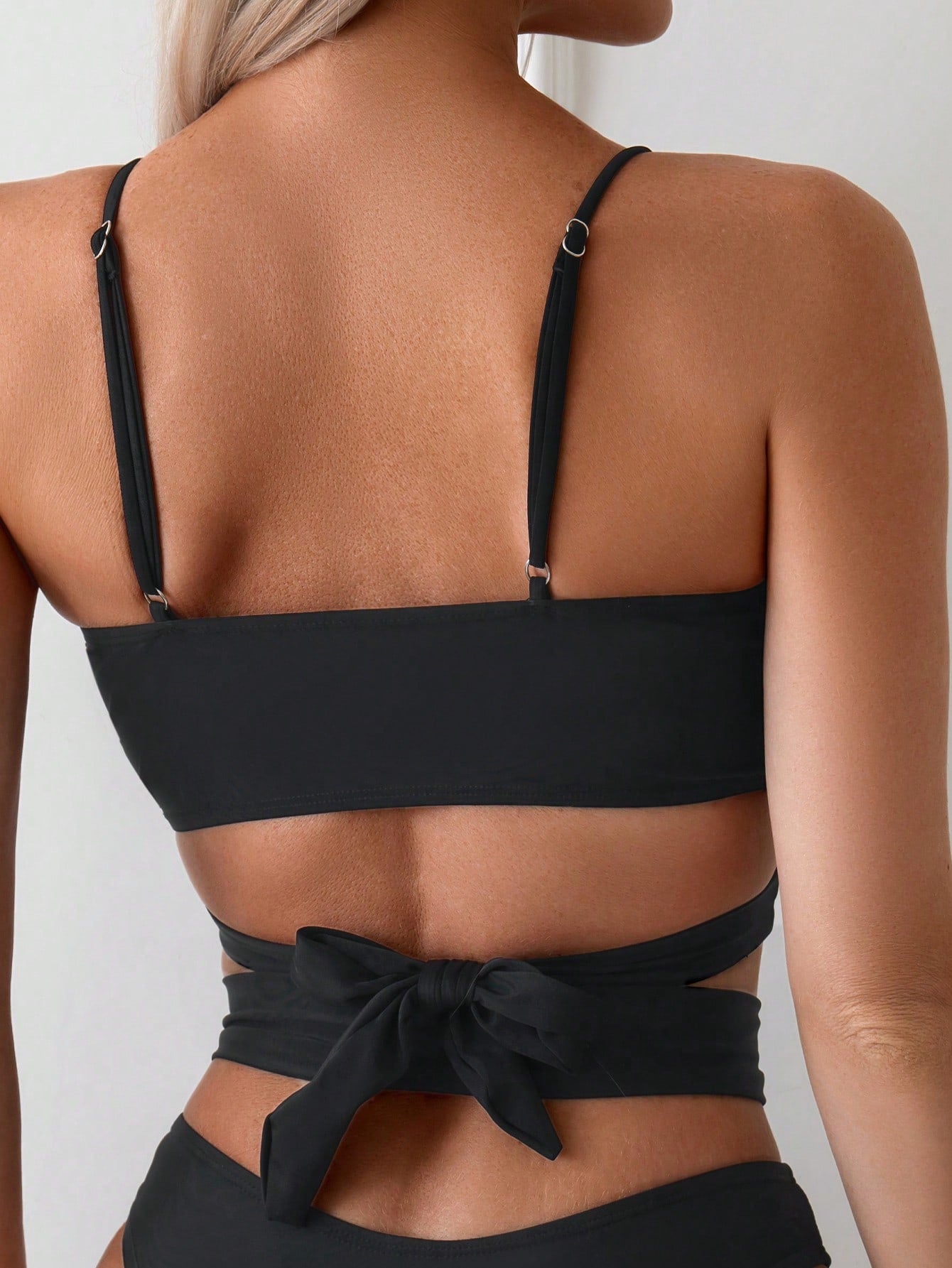 Swim Basics Solid Black Summer Bandage Spaghetti Strap Bikini Set,Separated Strappy Back Tied Swimwear - image 6