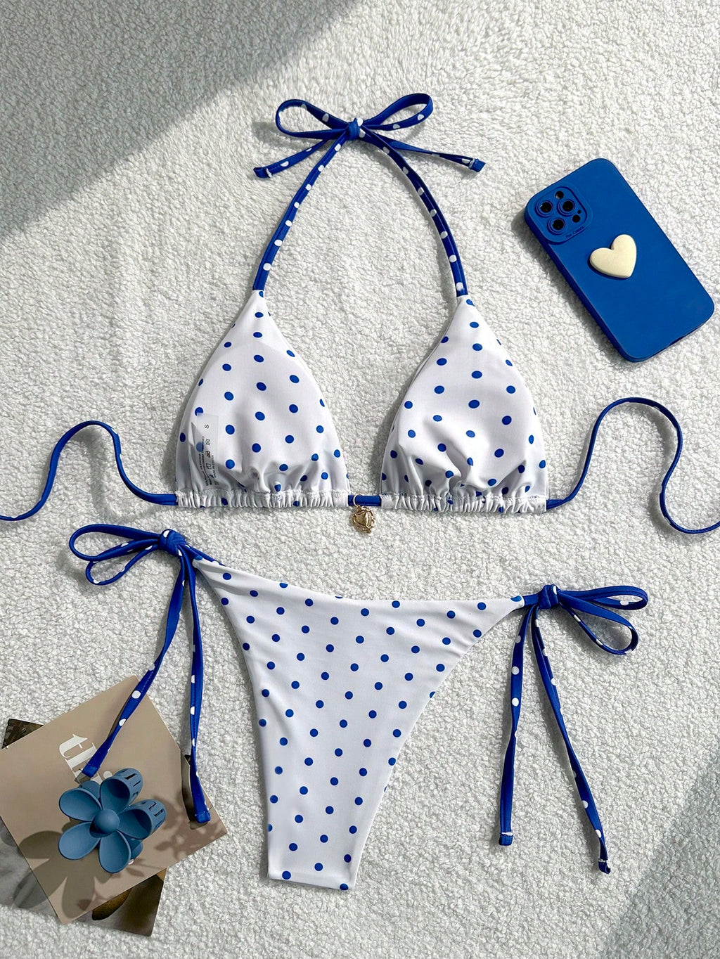 Women 2pcs Sexy Black & White Polka Dot Printed Bikini Swimwear Set,