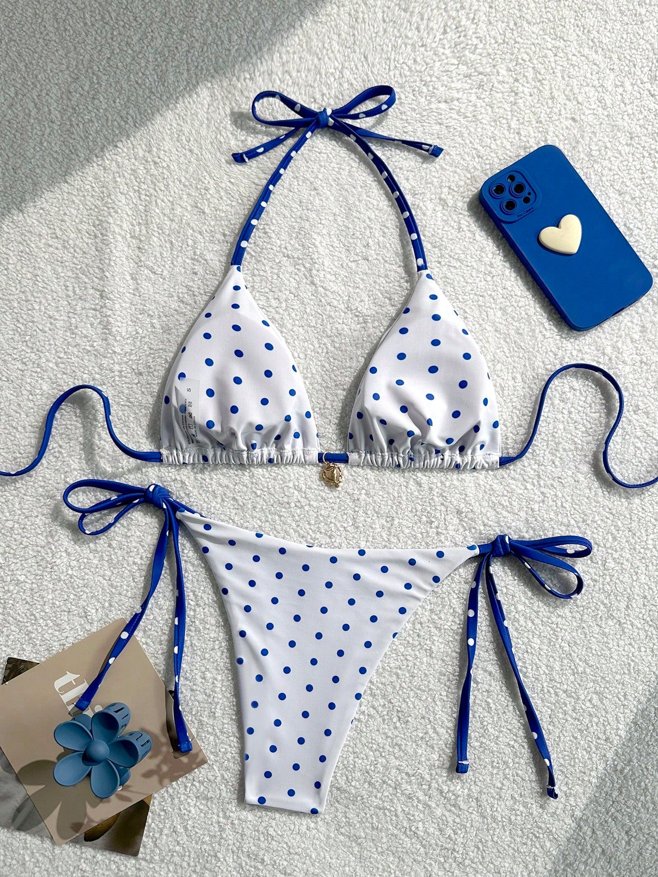 Women 2pcs Sexy Black & White Polka Dot Printed Bikini Swimwear Set,