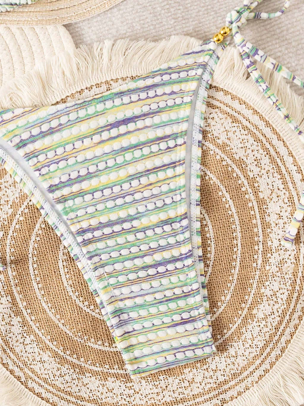 Mother's Day 1pc Elegant Colorful Striped Beaded Halter Bikini Set,