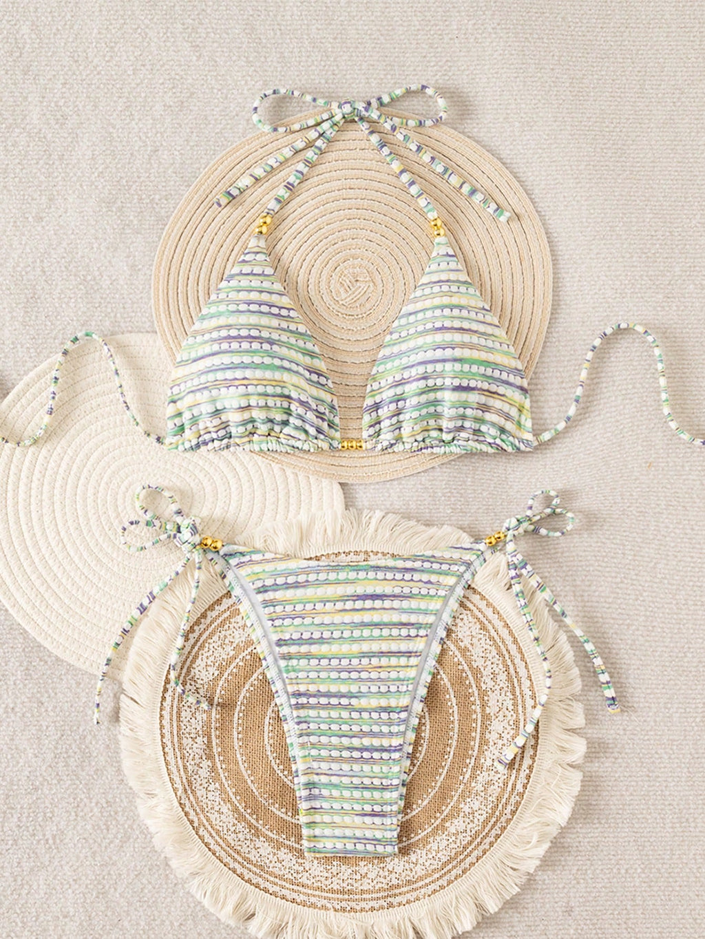 Mother's Day 1pc Elegant Colorful Striped Beaded Halter Bikini Set,